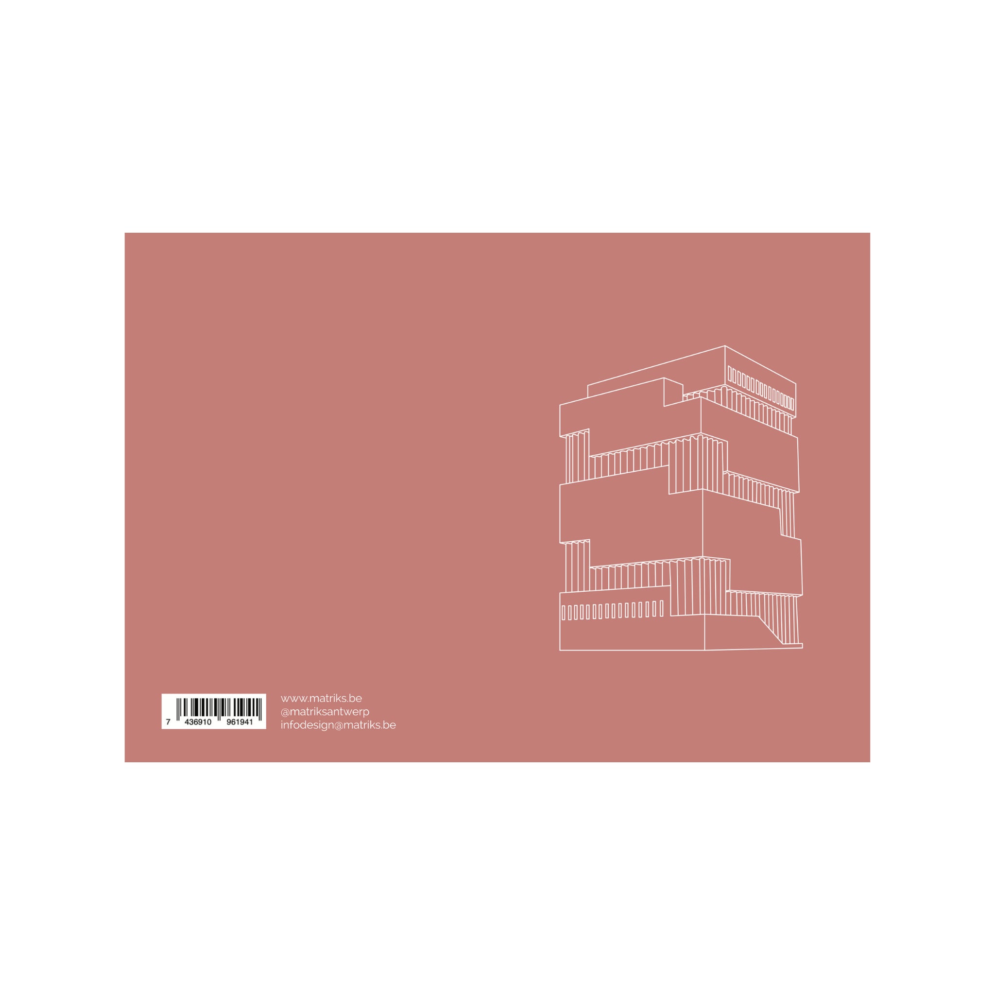 De Matriks Postkaart Antwerpen Monumenten MAS Dubbel A6 heeft een minimalistische lijntekening van moderne, gestapelde Antwerpse gebouwen op gedempt roze - ideaal voor het versturen van een persoonlijke boodschap. Merk: Matriks.