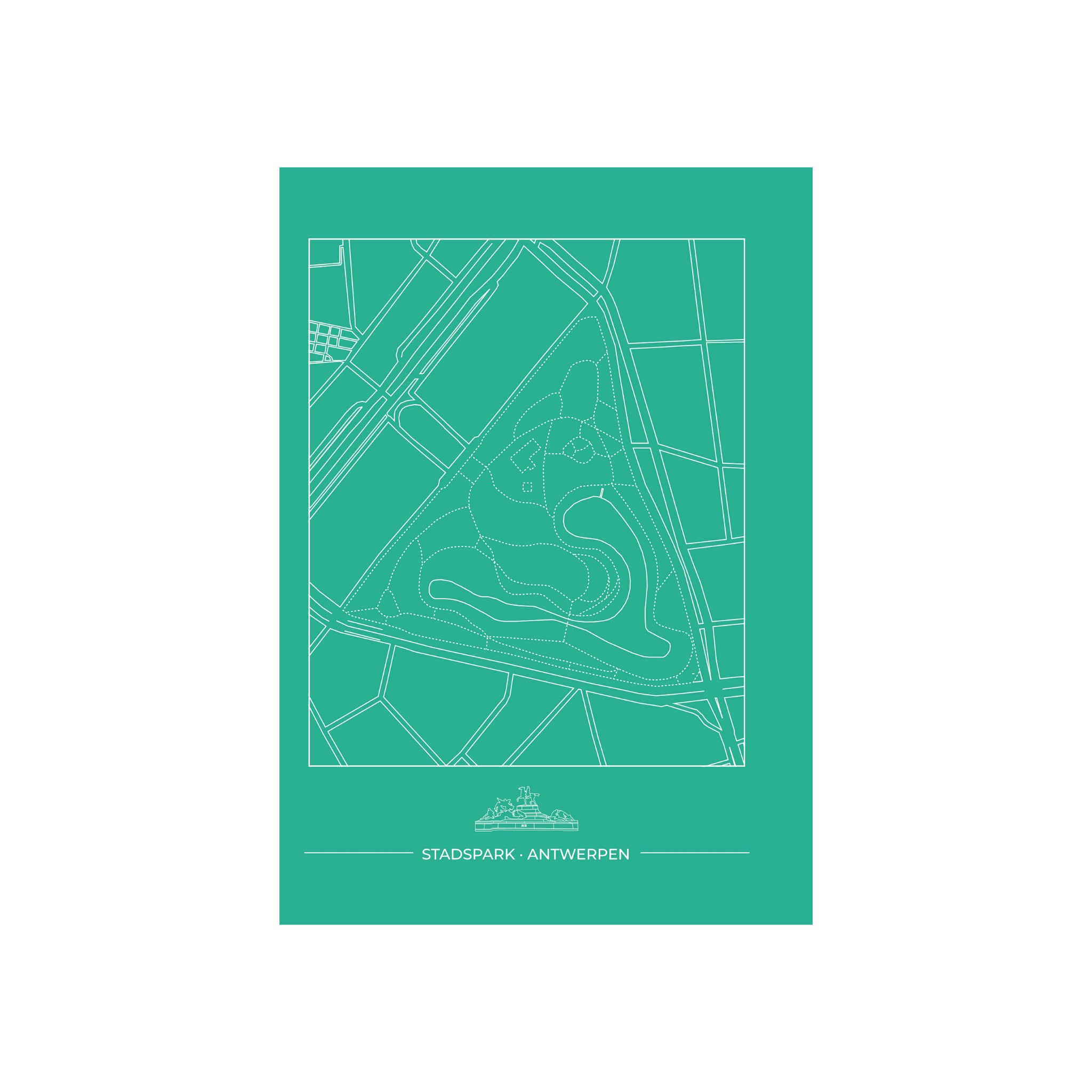 Matriks Postkaart Antwerpen Stadspark Dubbel A6 van Matriks: een minimalistische kaart van het Stadspark met witte paden, groene parkgebieden, Antwerpse gebouwen en "Stadspark - Antwerpen" onderaan - ideaal voor wenskaarten.