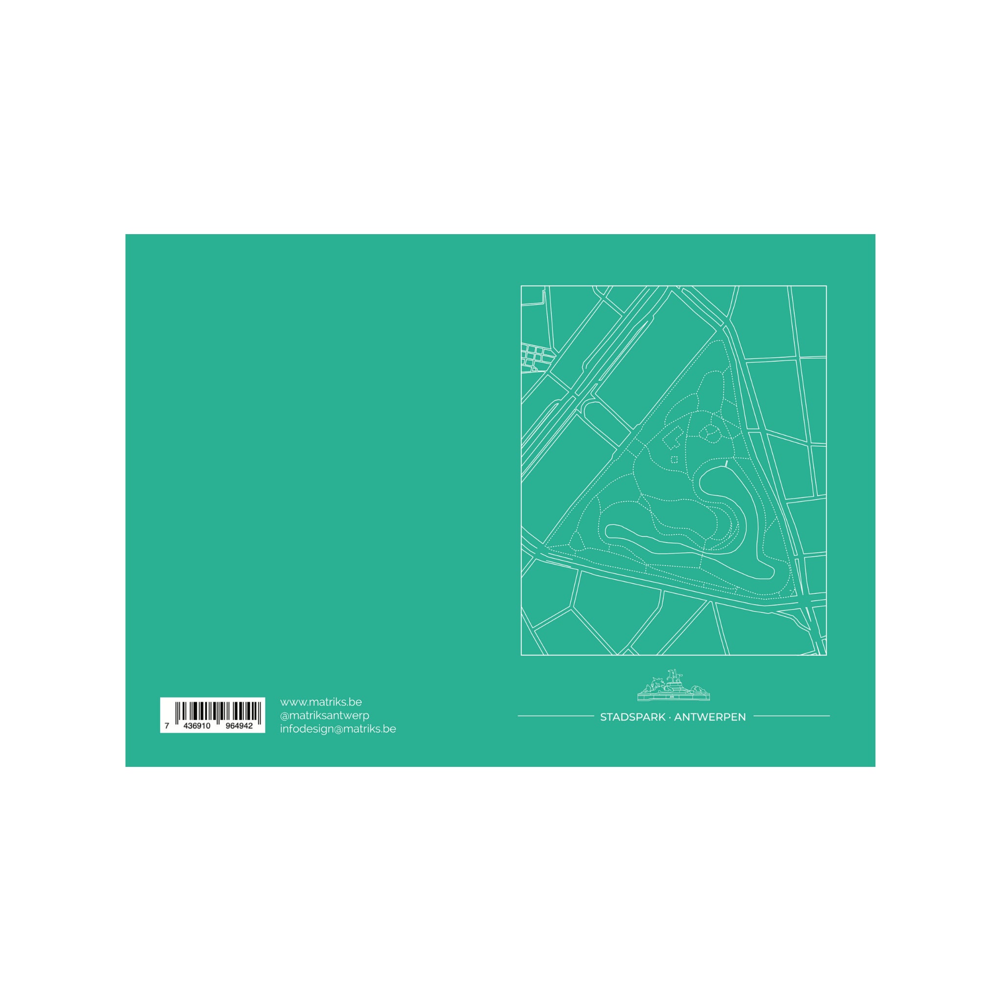 De Matriks Postkaart Antwerpen Stadspark Dubbel A6 heeft een groene omslag met een witomlijnde kaart van het Stadspark van Antwerpen, de tekst "STADSPARK: ANTWERPEN", Antwerpse oriëntatiepunten, plus contactgegevens en barcode linksonder.