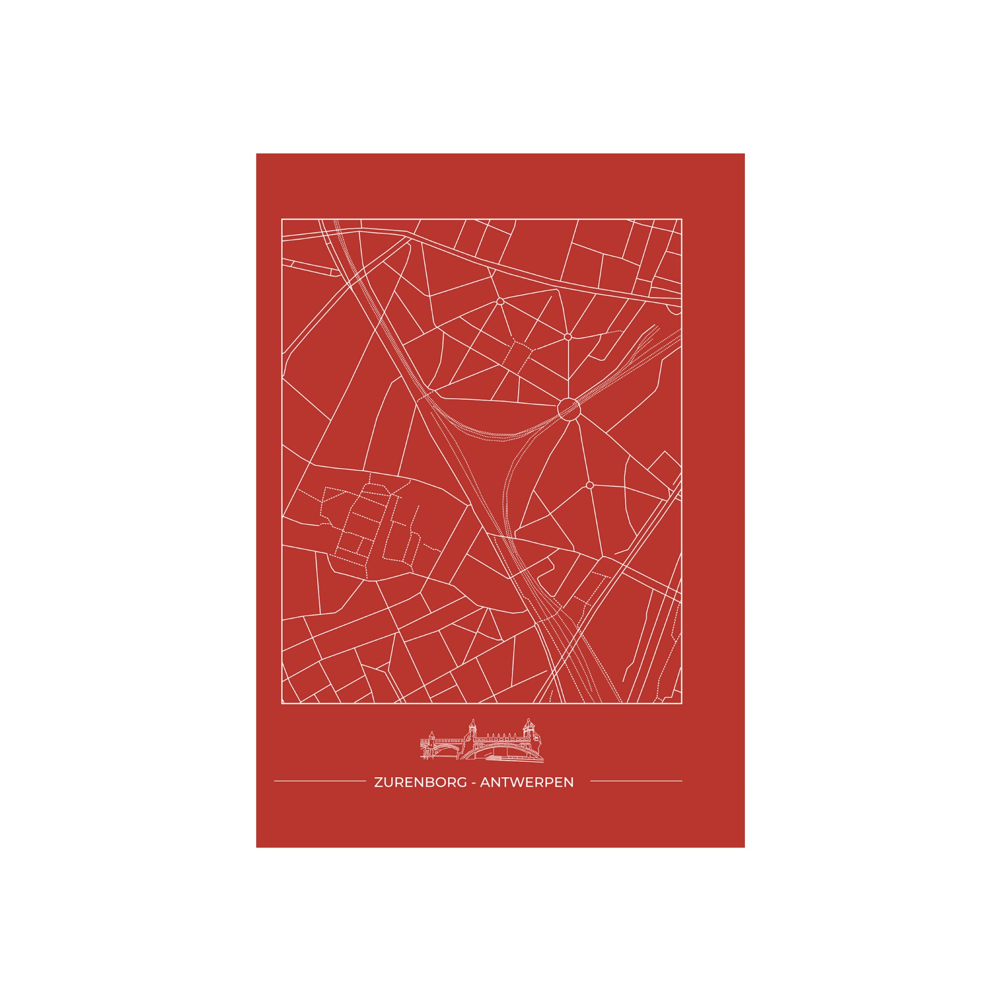 De Matriks Postkaart Antwerpen Zurenborg Dubbel A6 van Matriks heeft een minimalistische rode plattegrond van Zurenborg met witte straten, een omlijning van gebouwen en "Zurenborg - Antwerpen" tekst - ideaal voor wenskaarten of een eerbetoon aan Antwerpse gebouwen.