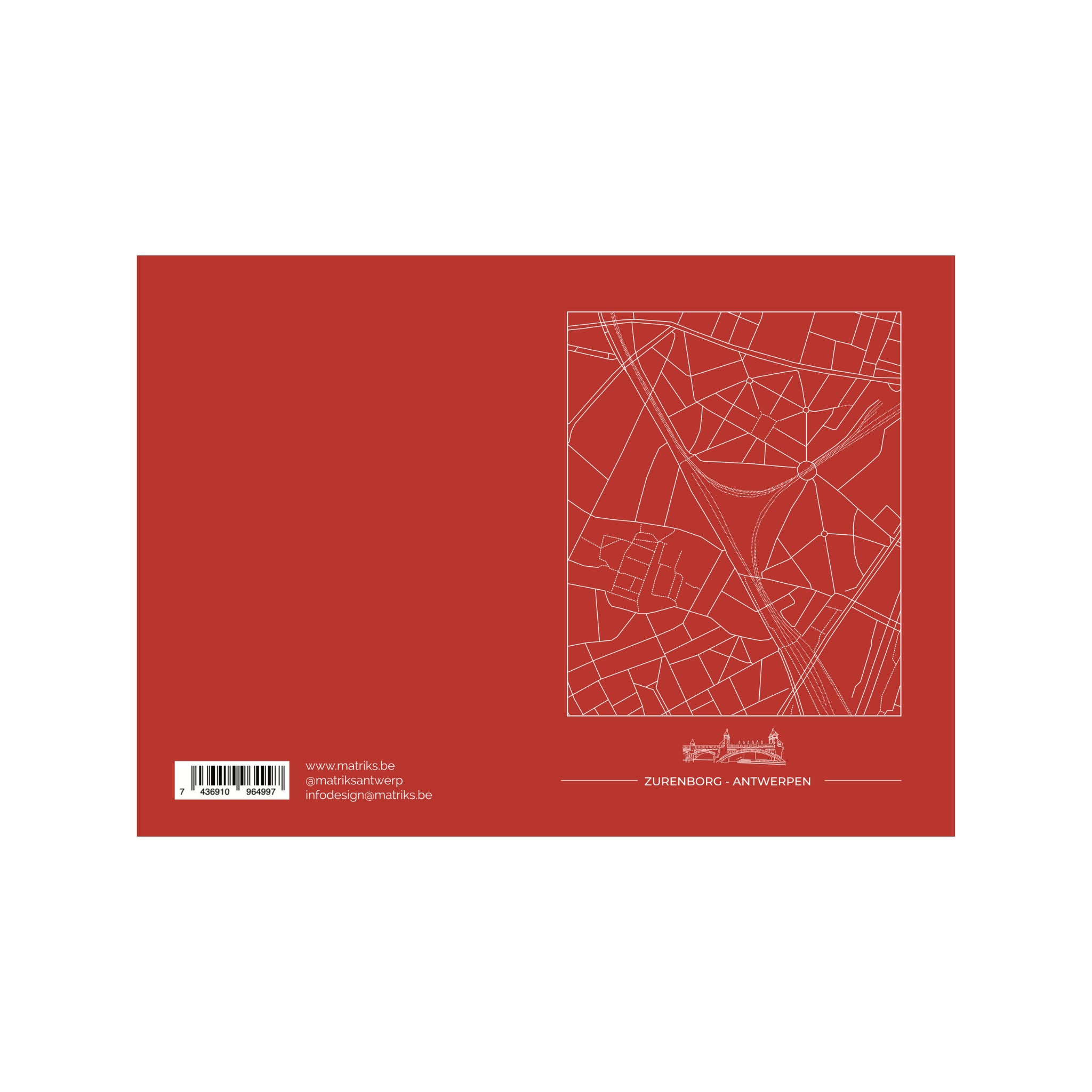 De Matriks Postkaart Antwerpen Zurenborg Dubbel A6 heeft een witte lijnenkaart van Zurenborg op een rode omslag. De linkerkant bevat een barcode, website en social media; de rechterkant toont de kaart, de plaatsnaam en de Antwerpse gebouwen details onderaan.