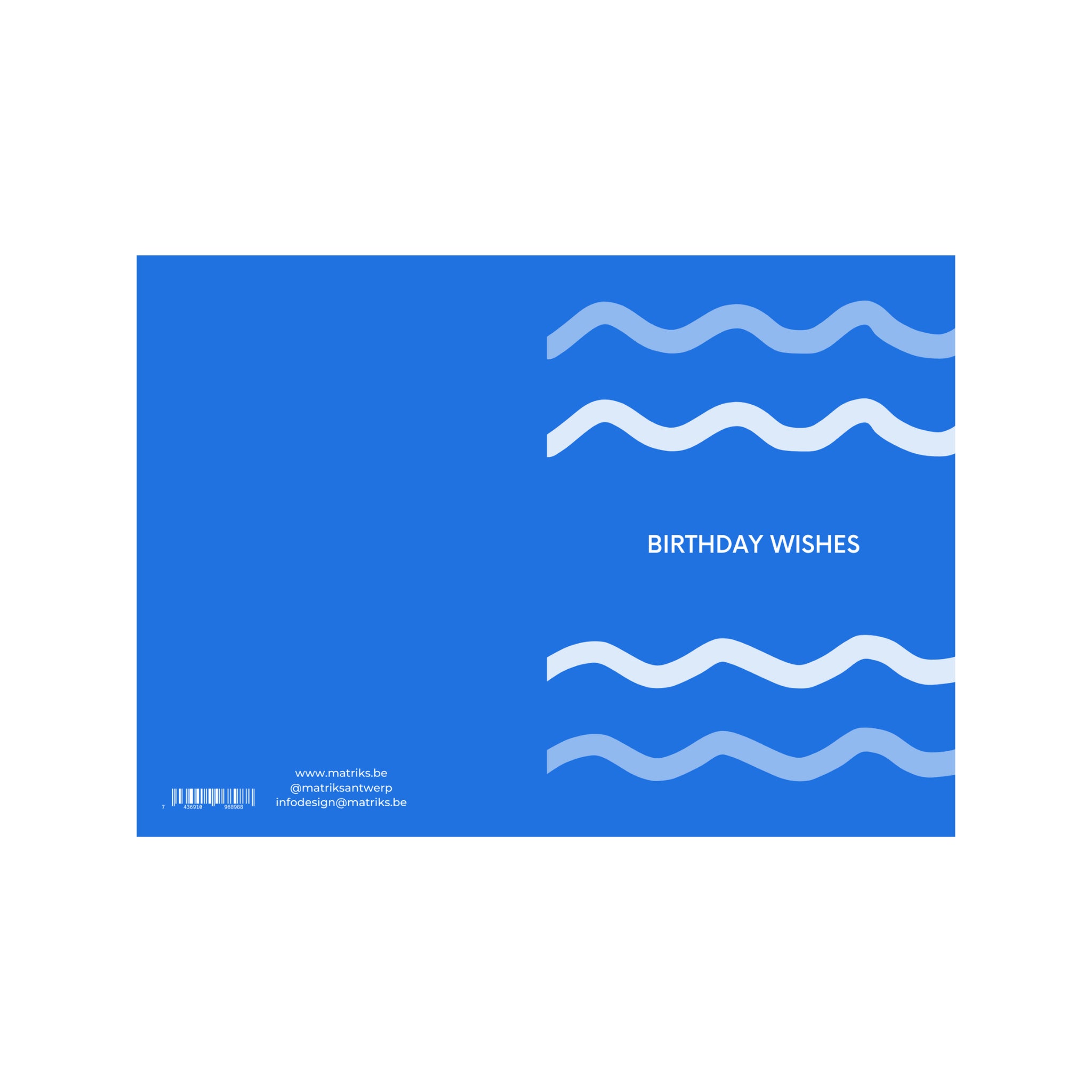 De Matriks JL Postkaart Birthday Wishes Dubbel is een blauwe verjaardagskaart met drie lichtblauwe golvende lijnen en stijlvol grafisch ontwerp. BIRTHDAY WISHES' staat centraal-rechts; contactgegevens en barcode linksonder.