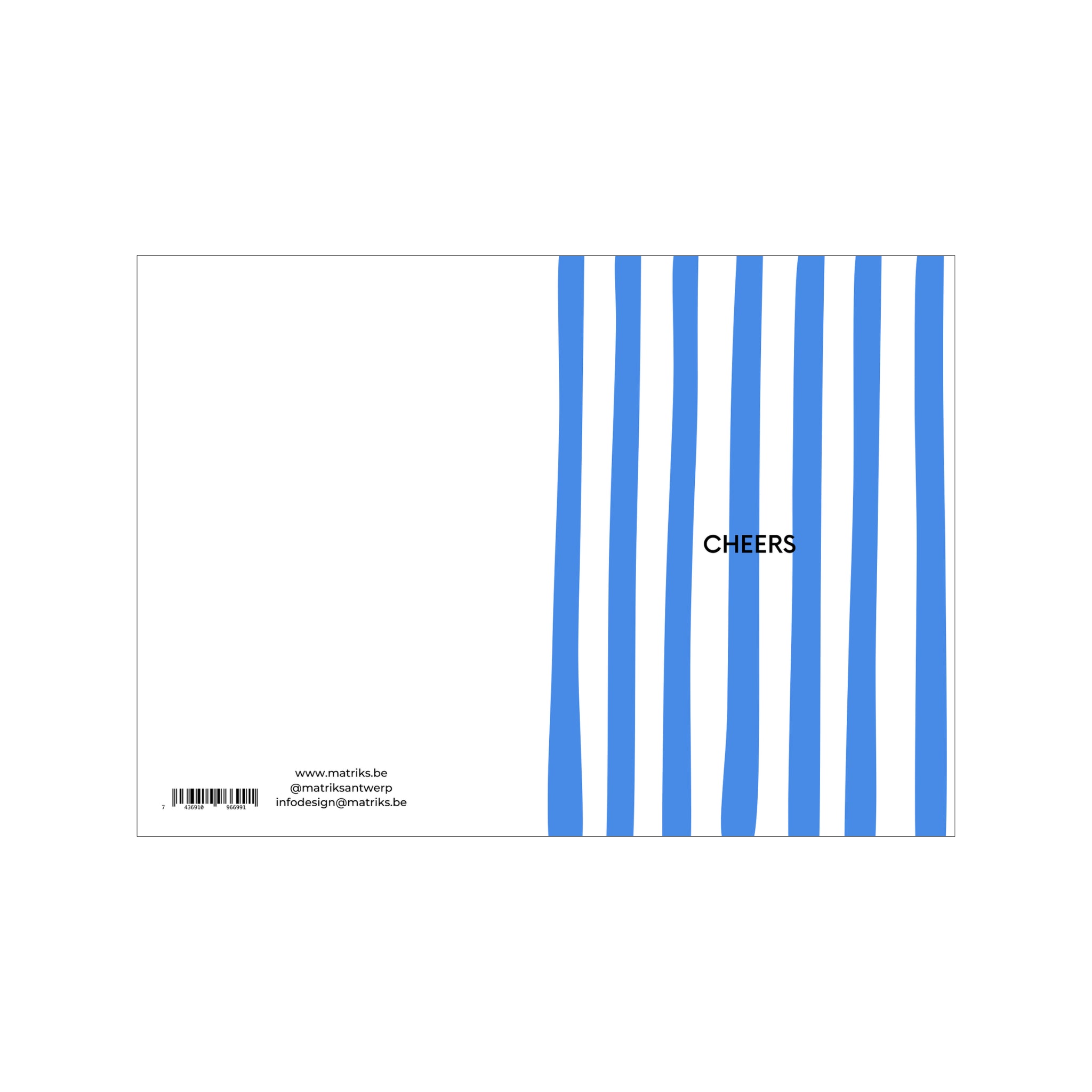 De Matriks JL Postkaart Cheers Dubbel van Matriks is een witte kaart met verticale golvende blauwe strepen aan de rechterkant, "CHEERS" in zwart en kleine contactgegevens plus barcode linksonder.