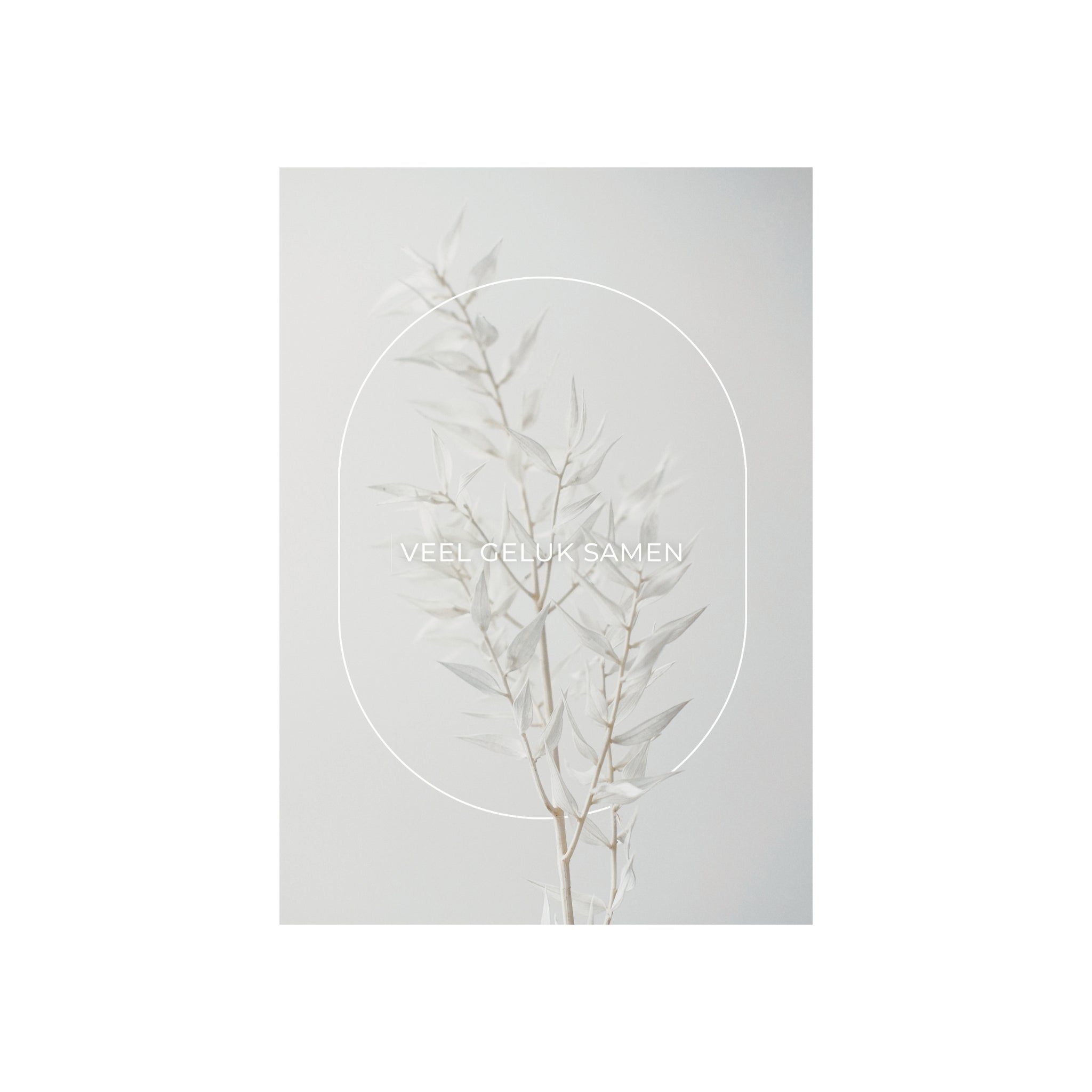 De Matriks Postkaart Lijn Veel Geluk Samen Dubbel A6 heeft een minimalistisch ontwerp met delicate bleke gedroogde bladeren, een lichtgrijze achtergrond, een dunne witte ovale omlijning en "VEEL GELUK SAMEN" in het midden. Merk: Matriks.