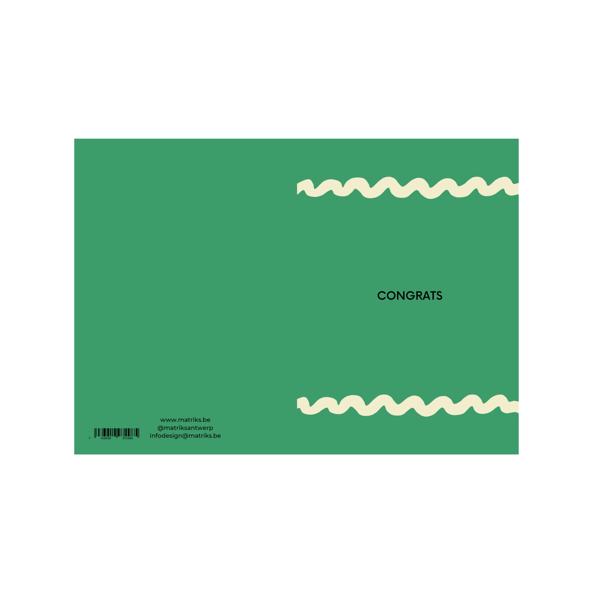 De Matriks JL Postkaart Congrats Dubbel is een groene wenskaart van Matriks, met golvende crèmelijnen aan de boven- en onderrand en "CONGRATS" in zwart in het midden. Contactgegevens en een barcode staan linksonder.
