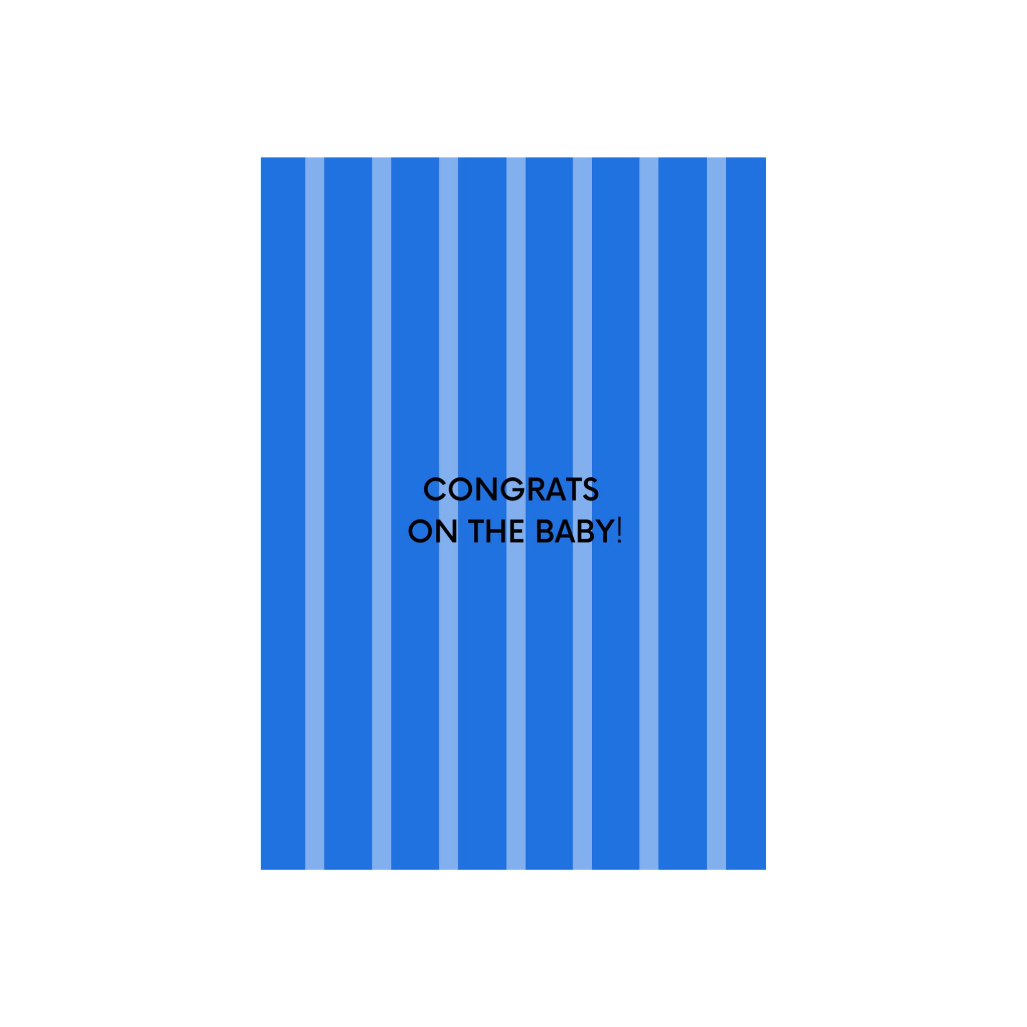 De Matriks JL Postkaart Congrats On The Baby Blue Dubbel van Matriks heeft verticale blauwe strepen en een vette zwarte "CONGRATS ON THE BABY!" boodschap - een moderne, stijlvolle keuze uit onze postkaartcollectie.