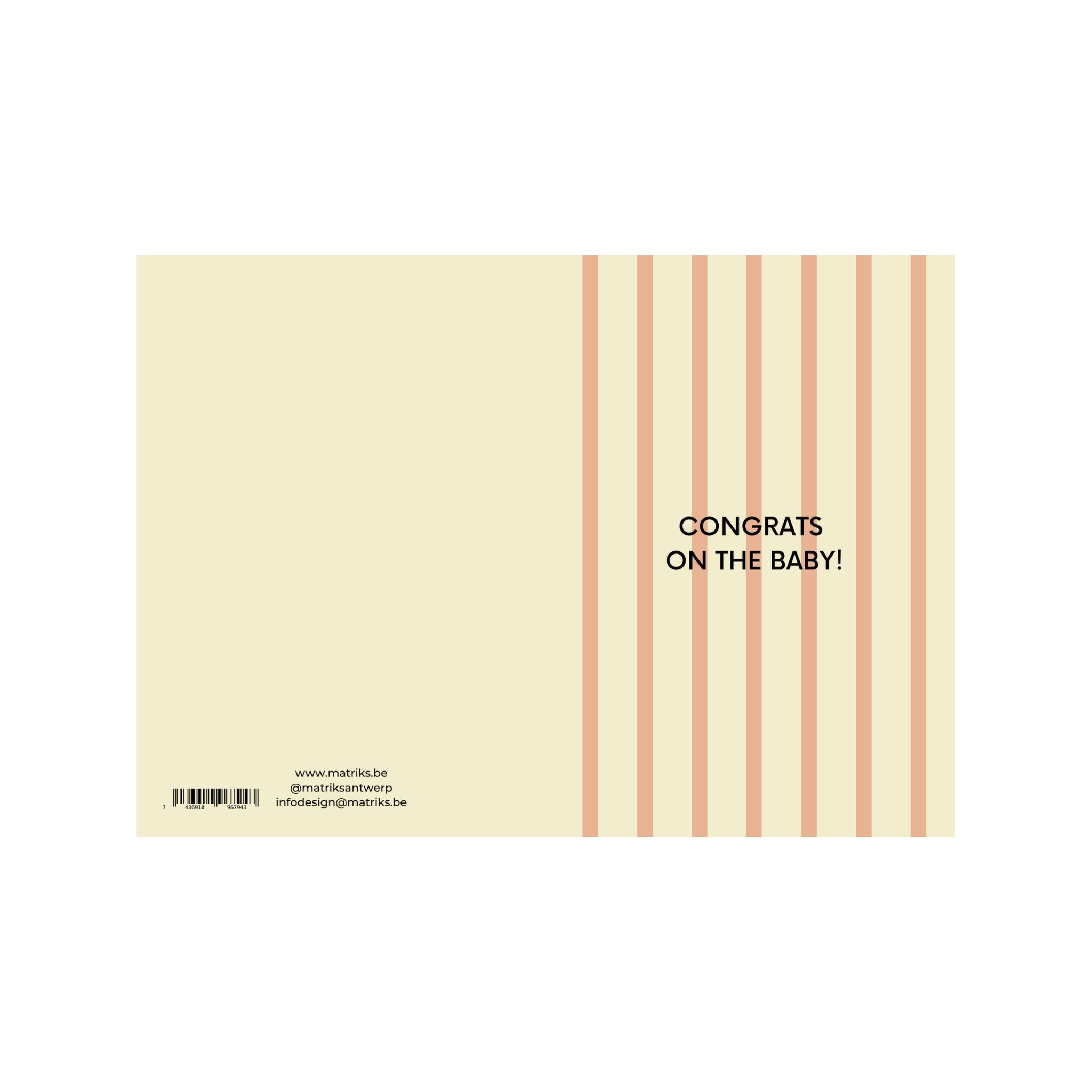 Een vrolijke dubbele postkaart van Matriks, uit de collectie Postkaart Congrats On The Baby Pink. De kaart heeft perzikkleurige verticale strepen rechts en de tekst 'CONGRATS ON THE BABY!' in zwart, met barcode en contactinfo aan de linkerzijde.