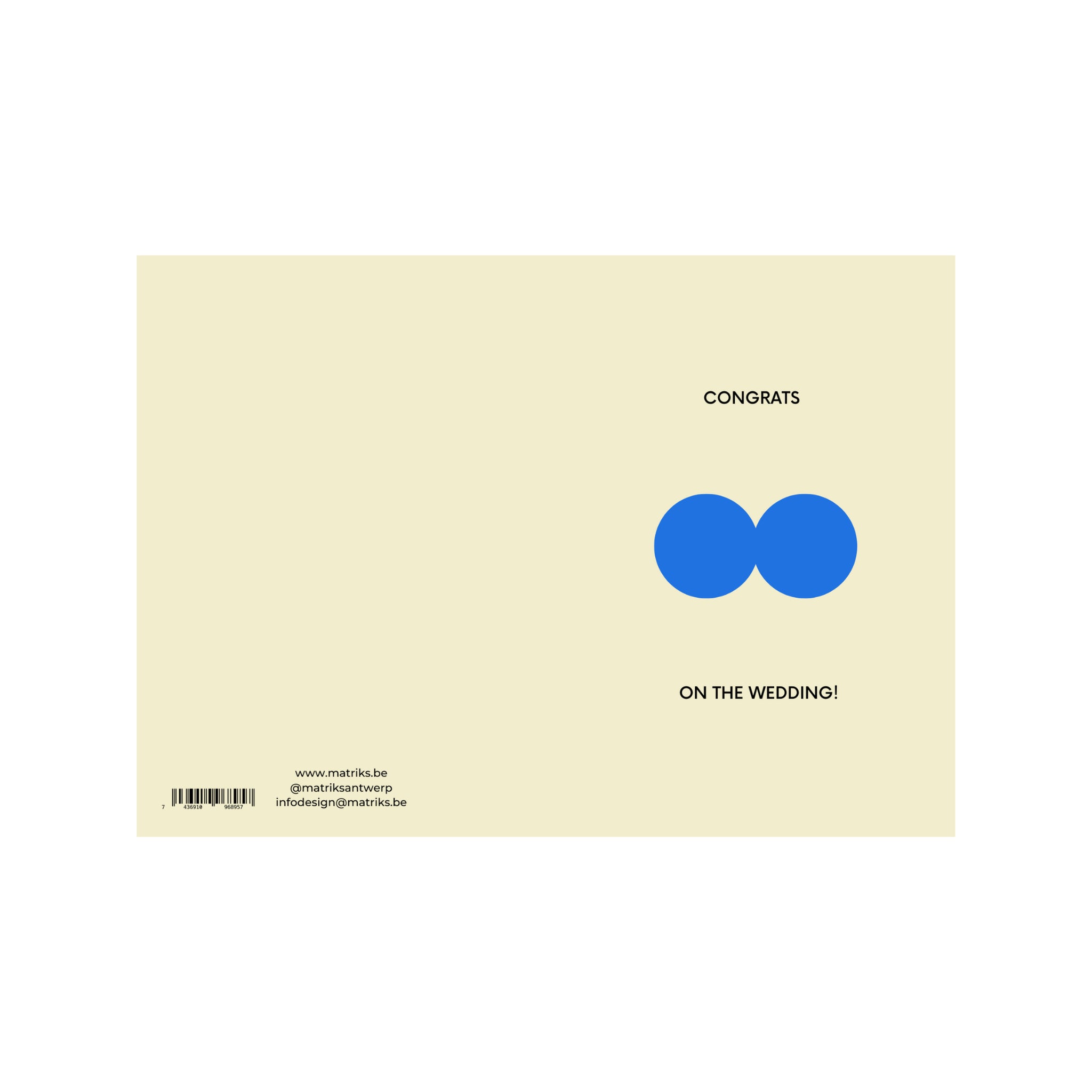 De Matriks JL Postkaart Congrats On The Wedding Dubbel van Matriks is een minimalistische kaart met een crèmekleurige achtergrond, twee blauwe cirkels en "CONGRATS ON THE WEDDING!" in een eenvoudig zwart lettertype, plus contactgegevens linksonder.