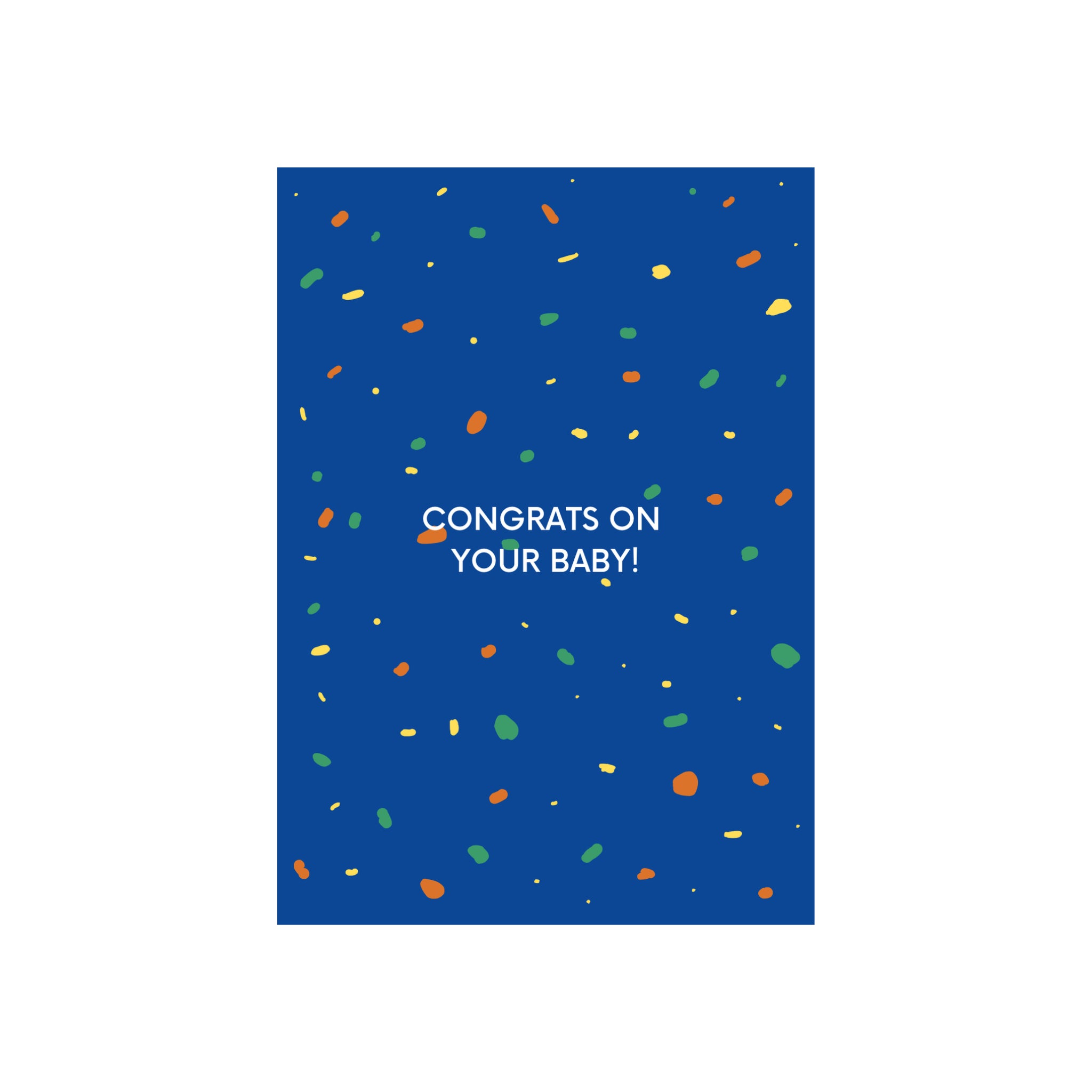 De Matriks JL Postkaart Congrats On Your Baby Blue Dubbel van Matriks heeft kleurrijke confetti stippen op een blauwe achtergrond met "CONGRATS ON YOUR BABY!" in witte tekst in het midden.