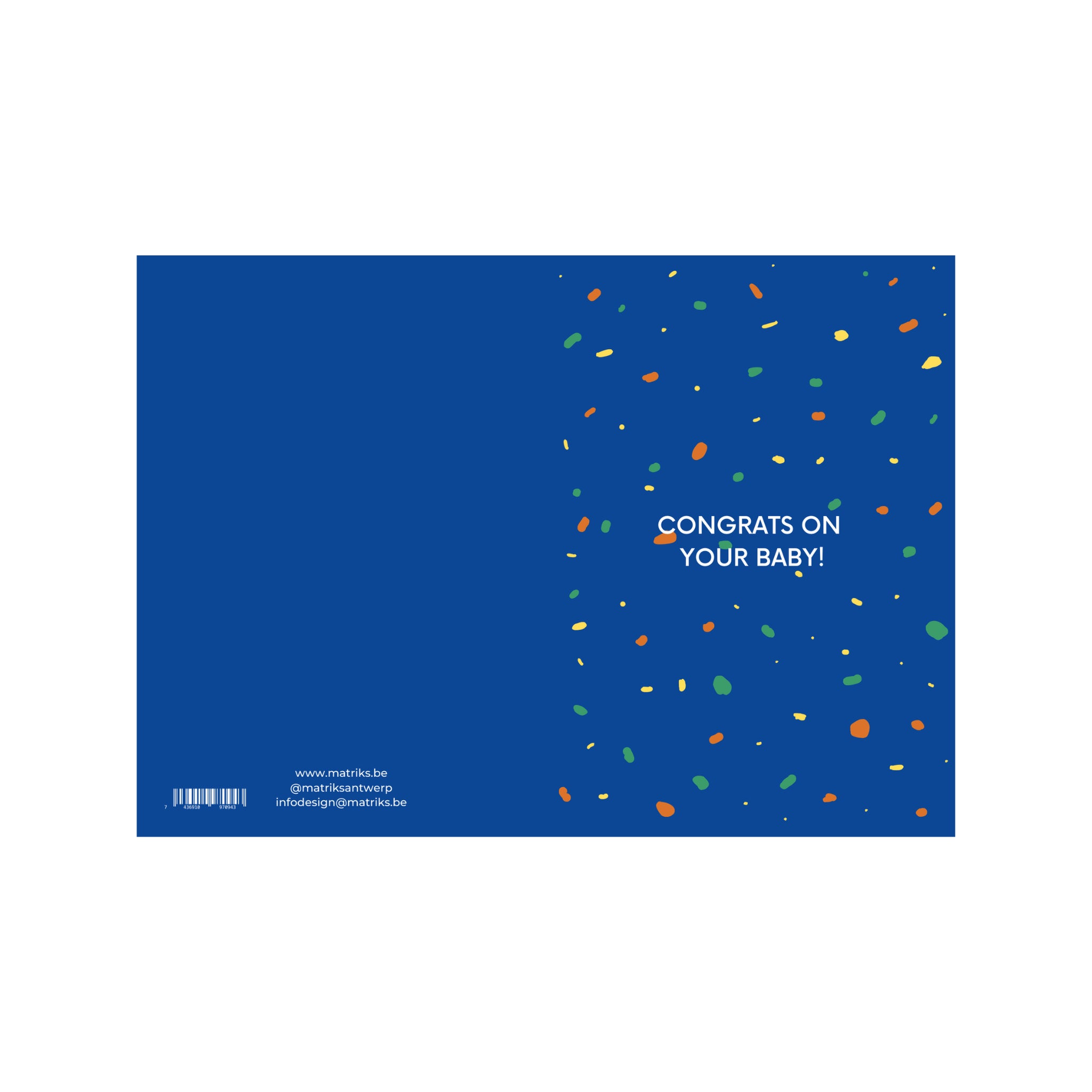 De Matriks JL Postkaart Congrats On Your Baby Blue Dubbel van Matriks heeft een blauw ontwerp, kleurrijke confetti aan de rechterkant en "CONGRATS ON YOUR BABY!" in het wit. Contactgegevens en barcode staan linksonder. Onderdeel van de postkaart collectie.
