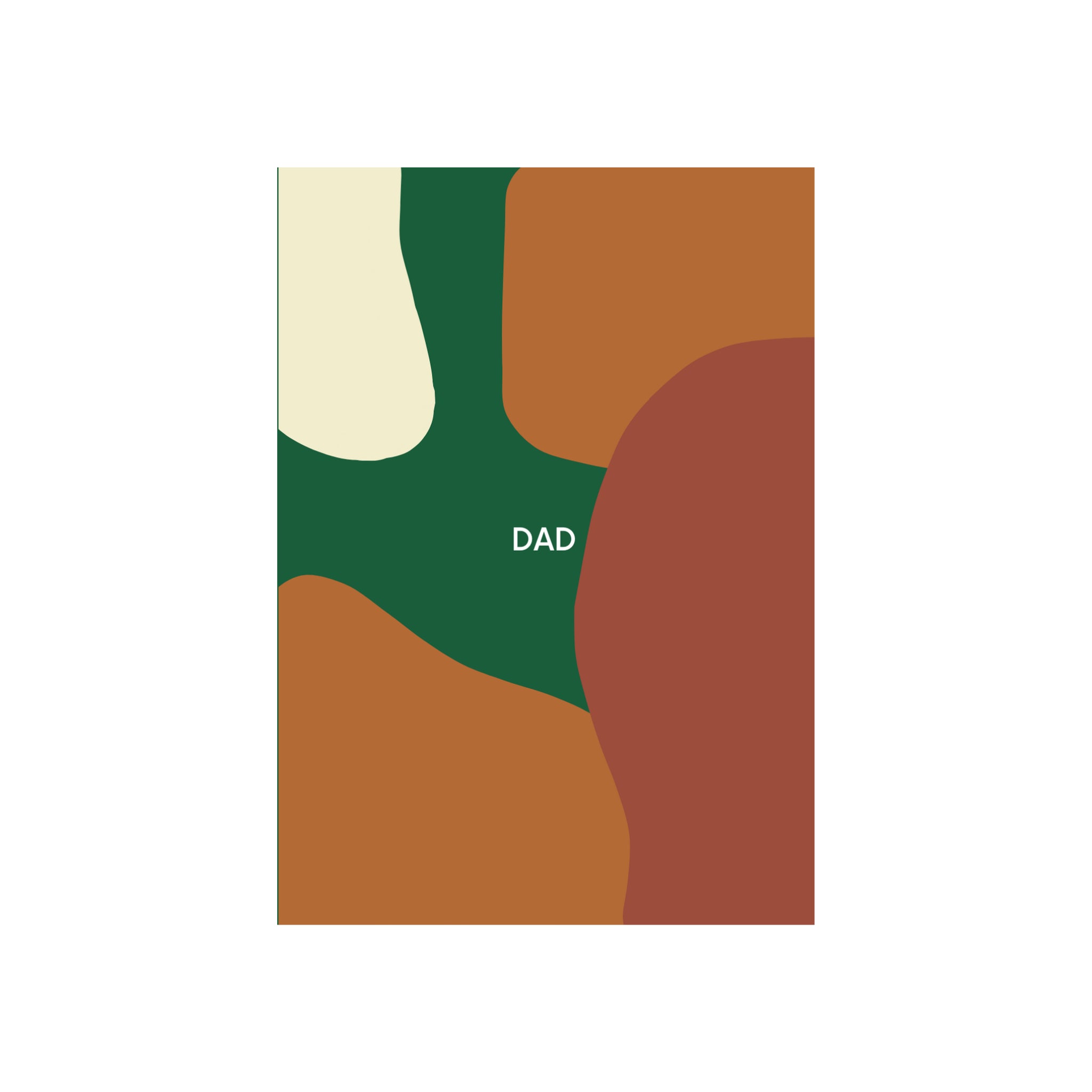De Matriks JL Postkaart Dad Dubbel van Matriks heeft bruine, groene en crèmekleurige organische vormen op wit met "DAD" in het midden - een stijlvolle toevoeging aan elke collectie en ideaal voor fans van grafisch ontwerp.