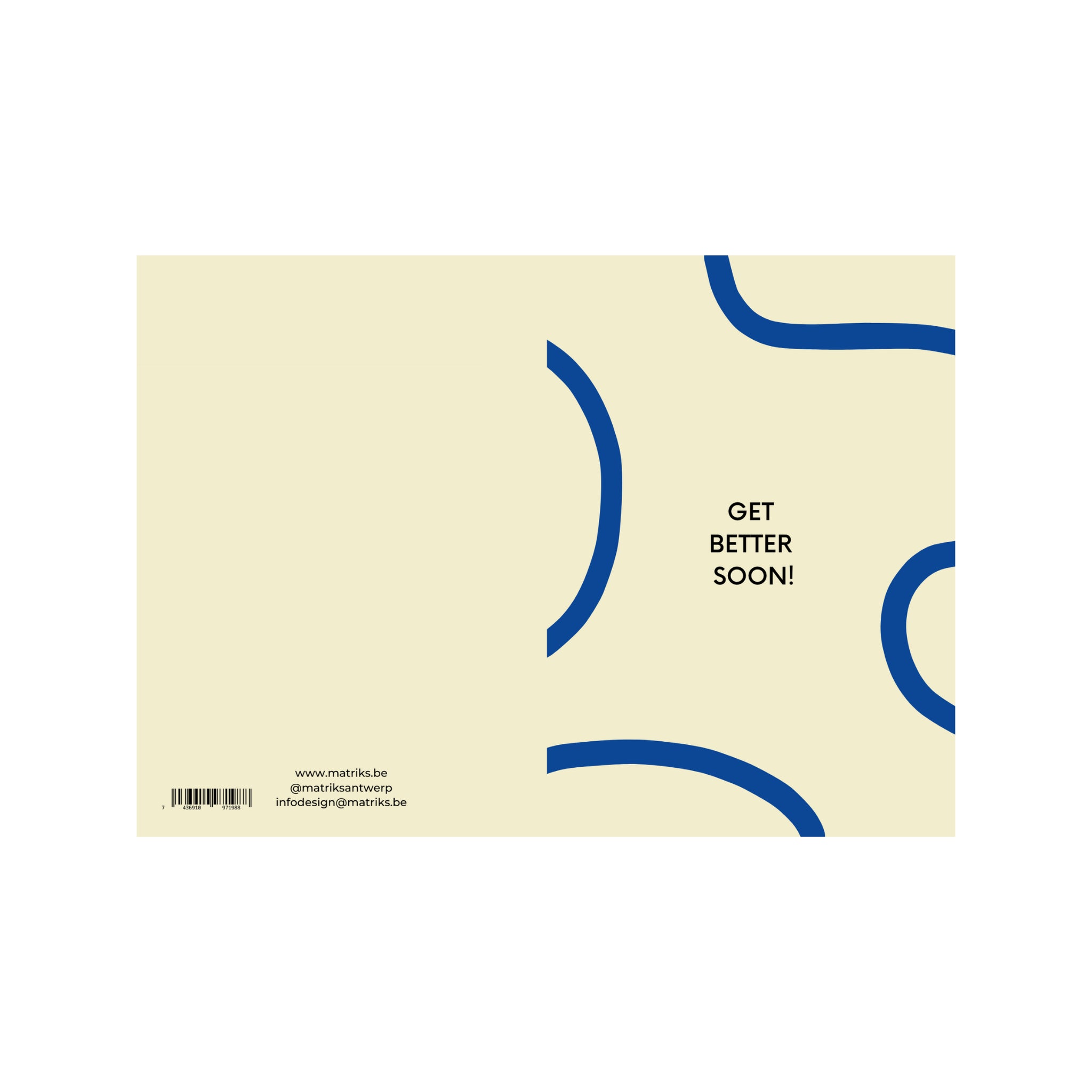 De Matriks JL Postkaart Get Better Soon Dubbel is een lichtbeige kaart met opvallende blauwe gebogen lijnen en "GET BETTER SOON!" in zwart rechts in het midden, met Julie Lindekens' kenmerkende grafische stijl, contactgegevens en streepjescode linksonder.