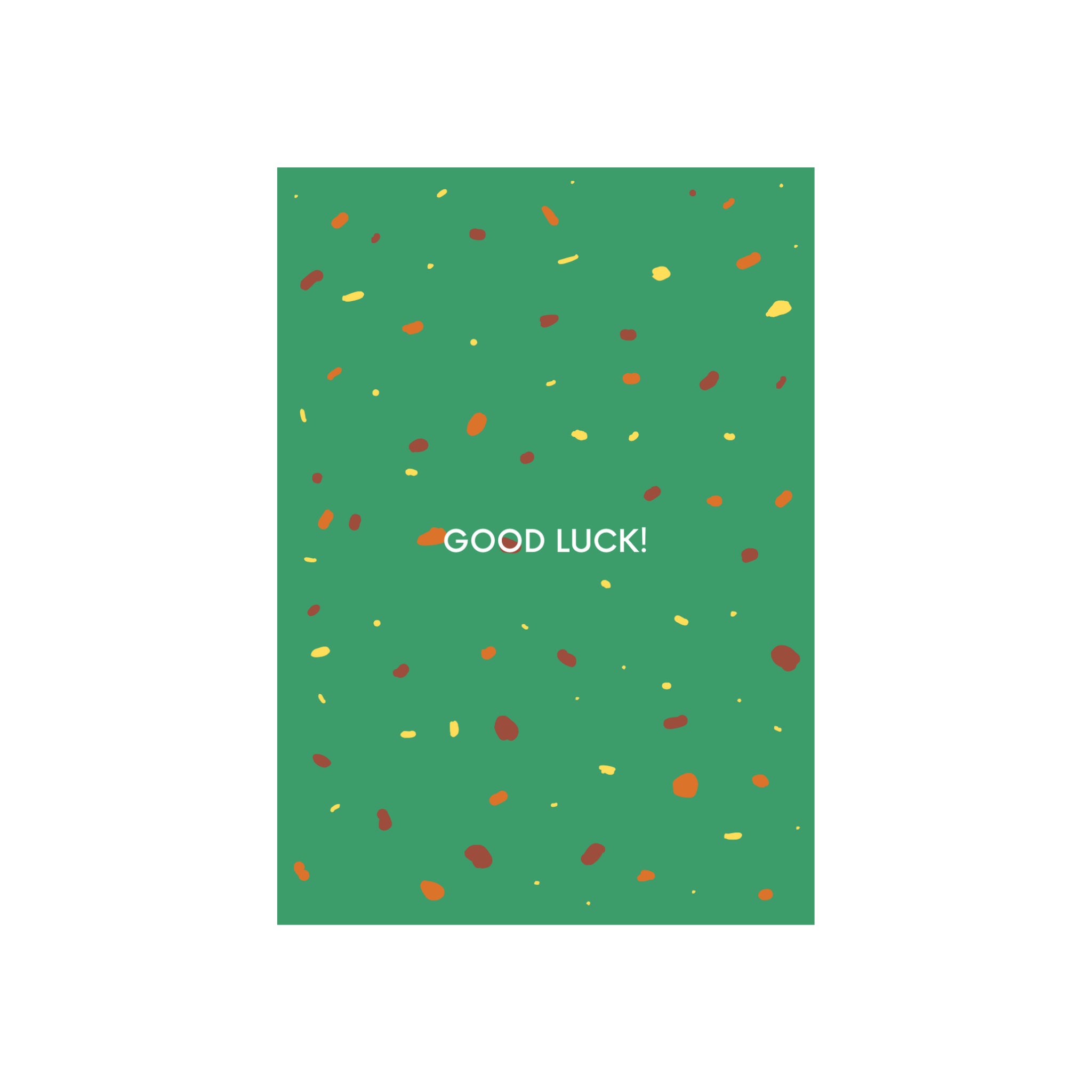 De Matriks JL Postkaart Good Luck Green Dubbel van Matriks heeft een groen ontwerp met gele en rode confetti-achtige stippen en vetgedrukte witte "GOOD LUCK!" tekst midden op de voorkant. Ontwerp door Julie Lindekens.