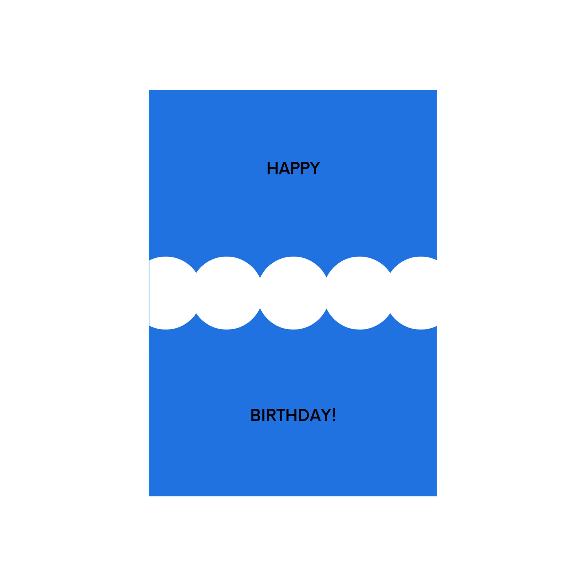 De Matriks JL Postkaart Happy Birthday Blue Dubbel heeft een blauwe rechthoek met "HAPPY" bovenaan, "BIRTHDAY!" onderaan en feestelijke witte overlappende cirkels - ideaal voor kaarten of je postkaartcollectie.