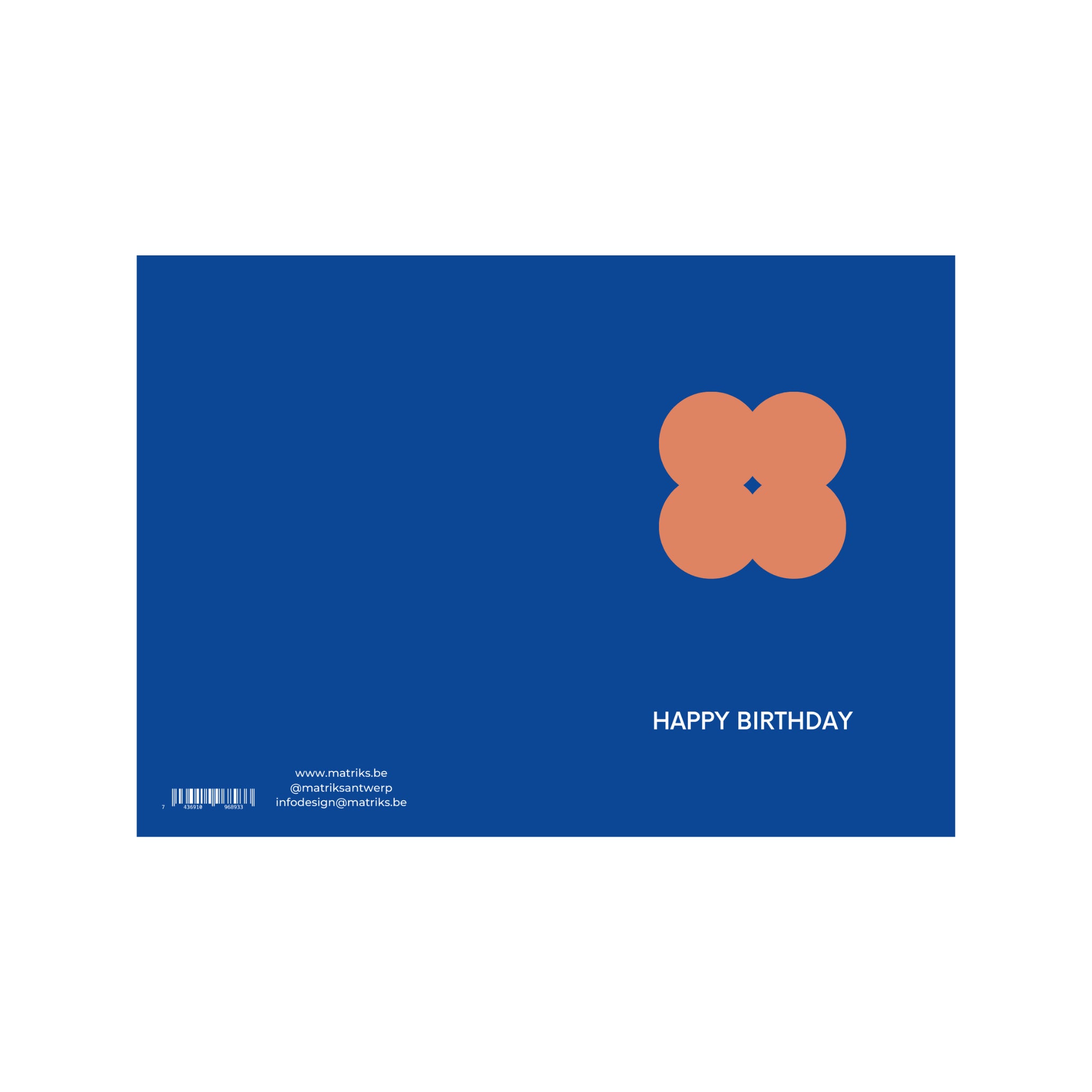 De Matriks JL Postkaart Happy Birthday Navy Dubbel heeft een eenvoudige oranje bloem op blauw met "HAPPY BIRTHDAY" in wit, plus contactgegevens en streepjescode linksonder. Perfect voor je ansichtkaartenverzameling.