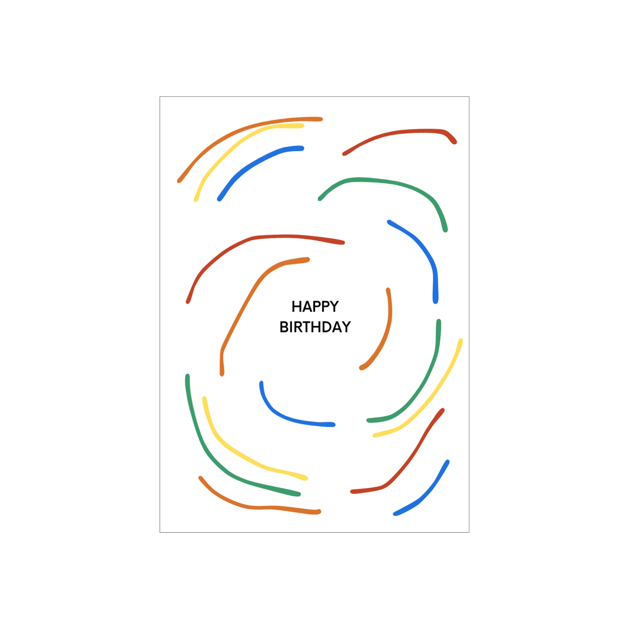 De Matriks JL Postkaart Happy Birthday Curvy Lines Dubbel heeft "HAPPY BIRTHDAY" in het zwart in het midden, omringd door speelse rode, blauwe, gele, groene en oranje gebogen lijnen-een vrolijk ontwerp van Matriks.
