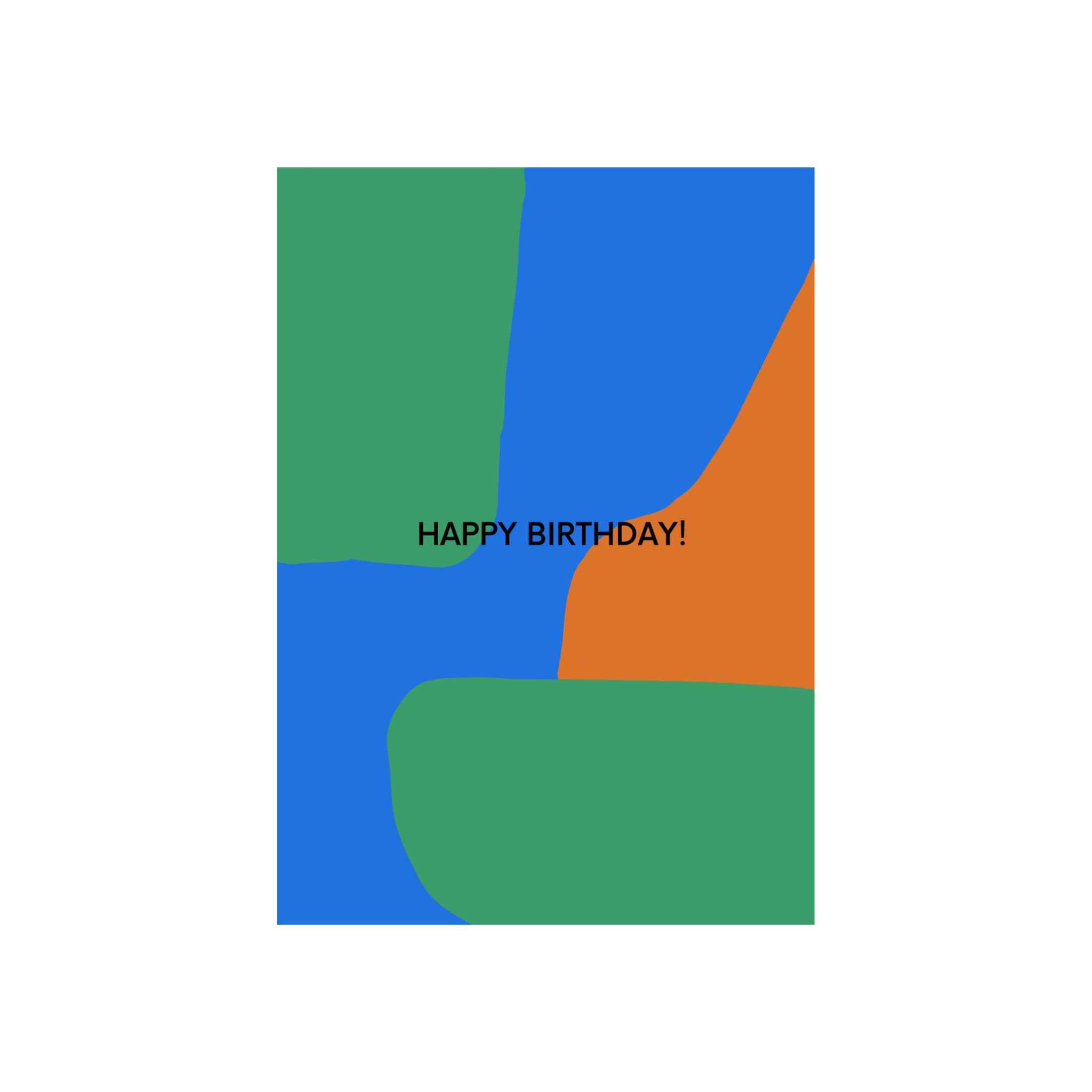 De Matriks JL Postkaart Happy Birthday Blue Dubbel kaart van Matriks heeft groene, blauwe en oranje abstracte vormen in een grafisch ontwerp stijl rond "HAPPY BIRTHDAY!" in zwart op wit, geïnspireerd door Julie Lindekens.