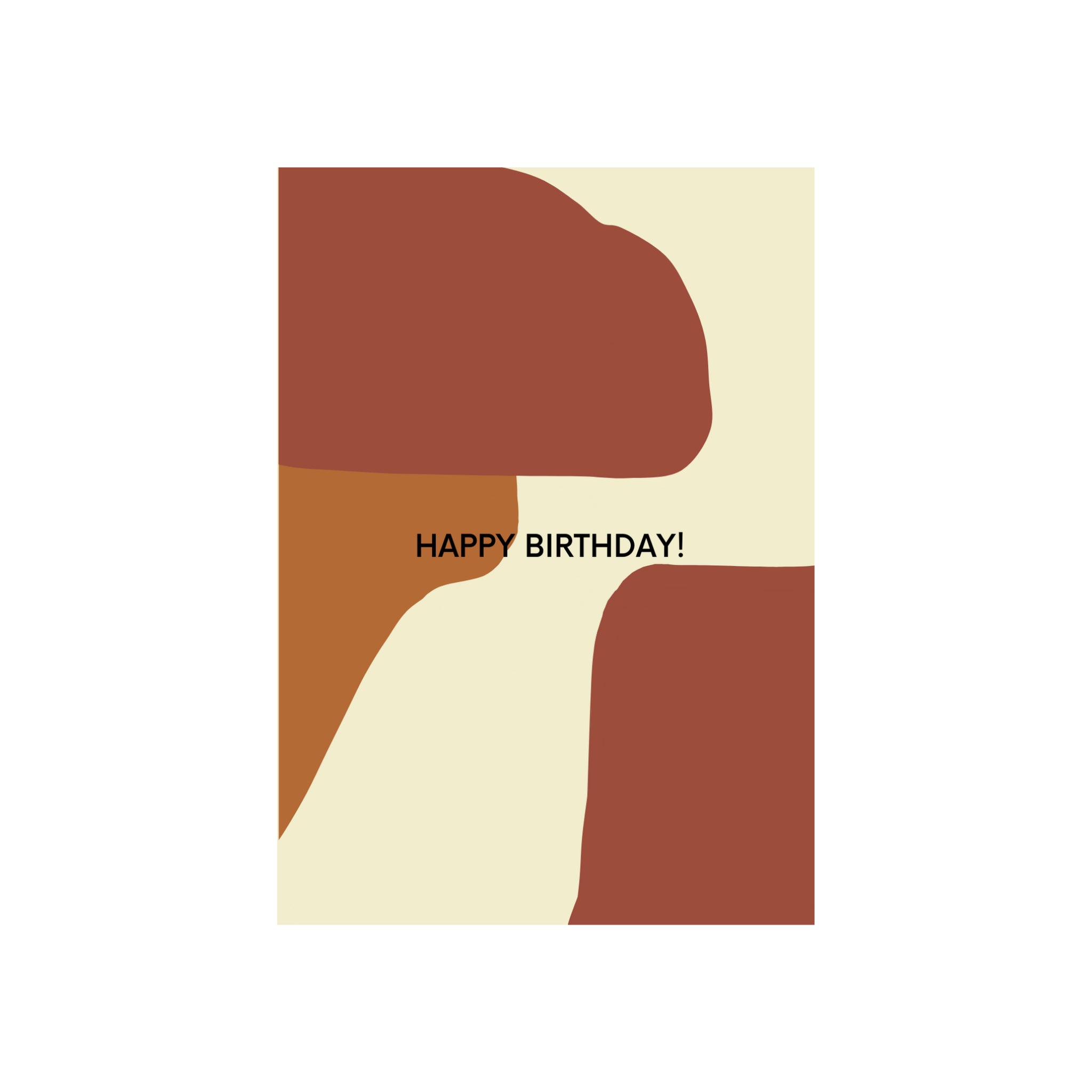 De Matriks JL Postkaart Happy Birthday Ecru Dubbel heeft abstracte bruine en beige vormen op een witte achtergrond met "HAPPY BIRTHDAY!" in het midden. Uit de Matriks collectie: kaarten voor elke gelegenheid.