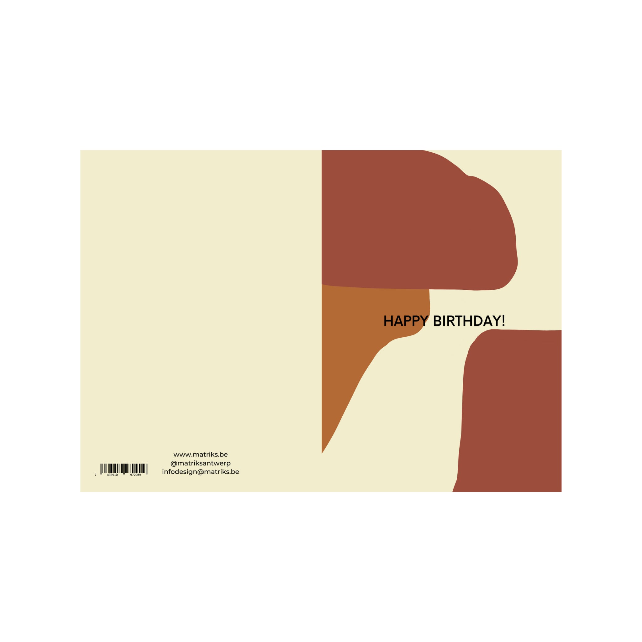 De Matriks JL Postkaart Happy Birthday Ecru Dubbel van Matriks heeft beige en bruine geometrische vormen met "HAPPY BIRTHDAY!" in het midden, plus contactgegevens en streepjescode linksonder op een effen achtergrond.