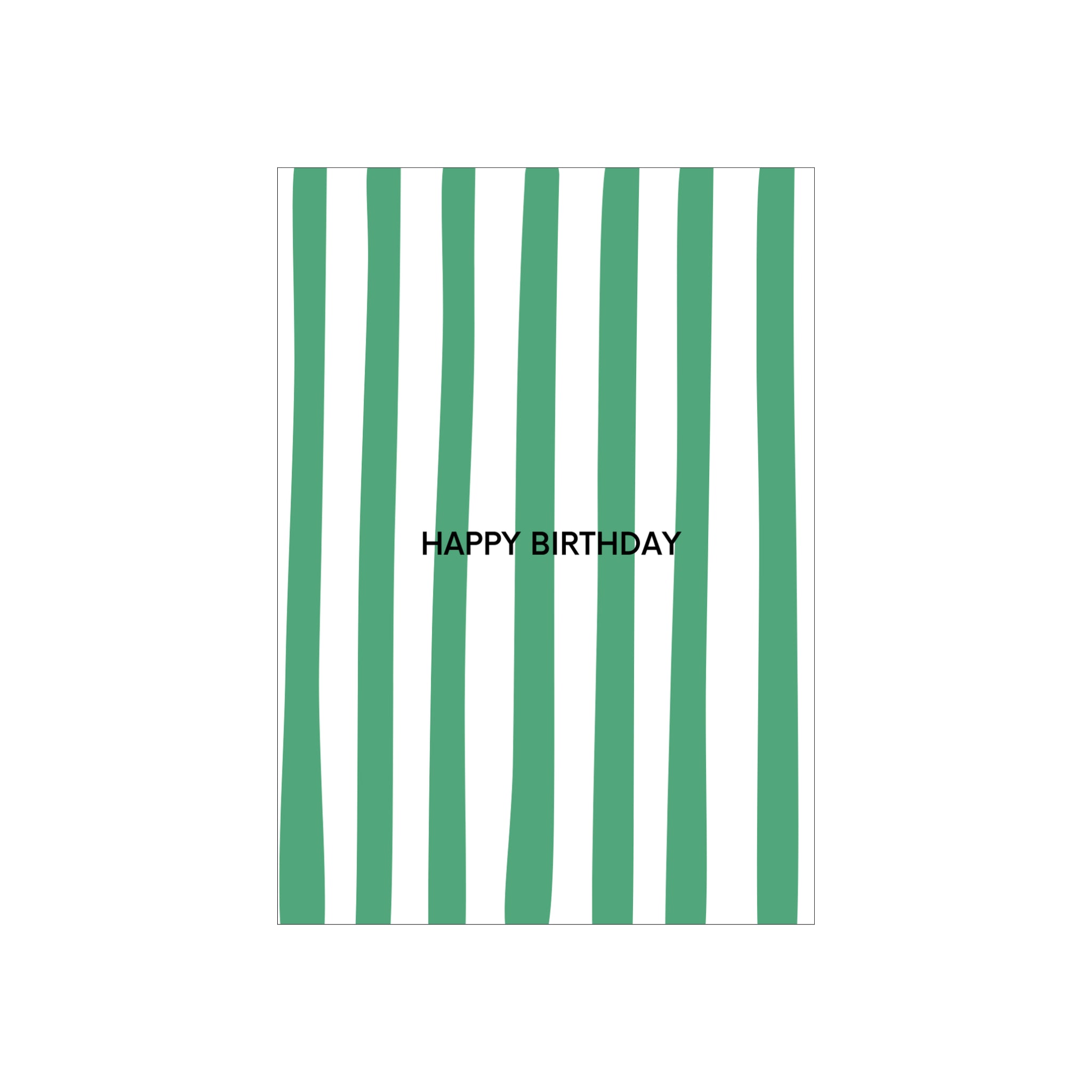 De Matriks JL Postkaart Happy Birthday Dubbel van Matriks heeft verticale groene strepen op wit en vetgedrukte zwarte "HAPPY BIRTHDAY" tekst - onderdeel van een grafische postkaartencollectie, perfect voor elke gelegenheid.