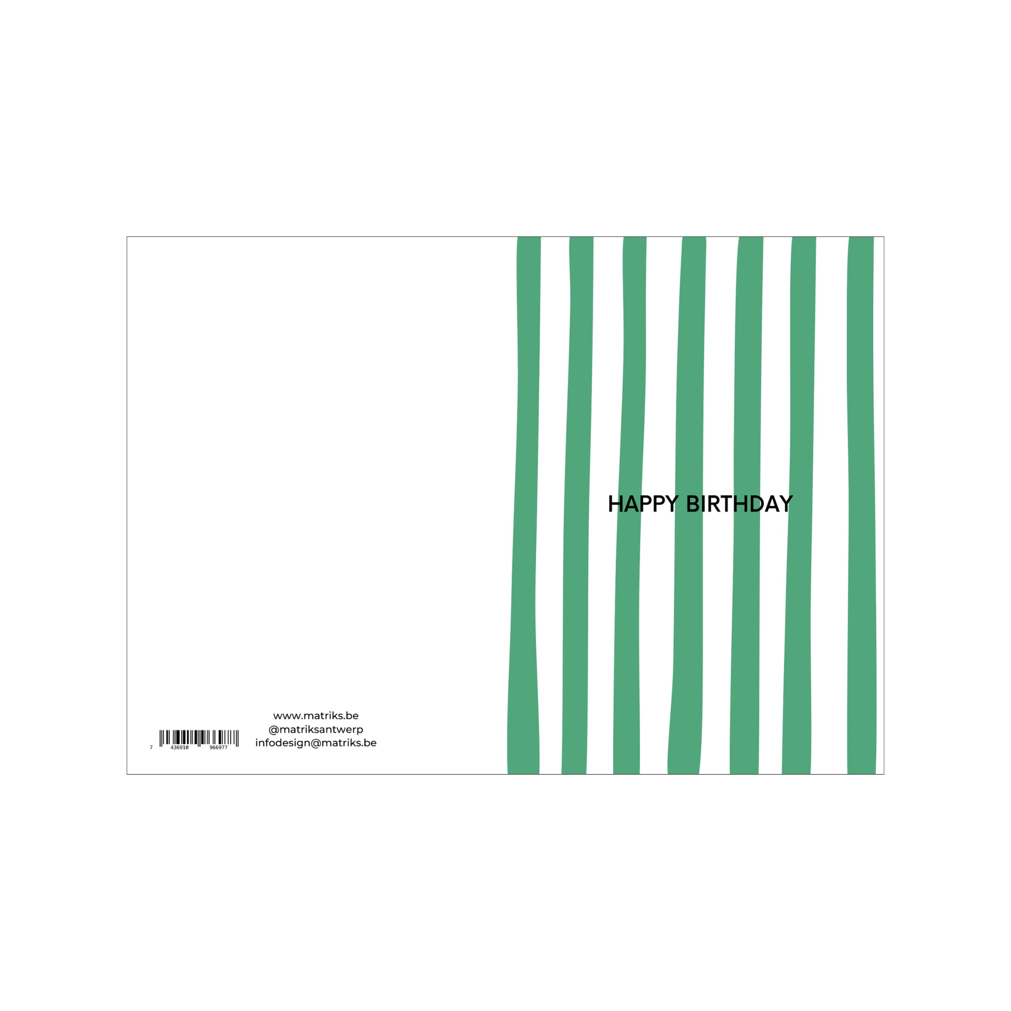 De Matriks JL Postkaart Happy Birthday Dubbel heeft verticale groene strepen aan de rechterkant, "HAPPY BIRTHDAY" in het midden, plus een barcode en contactgegevens linksonder. Onderdeel van de Matriks postkaartcollectie.