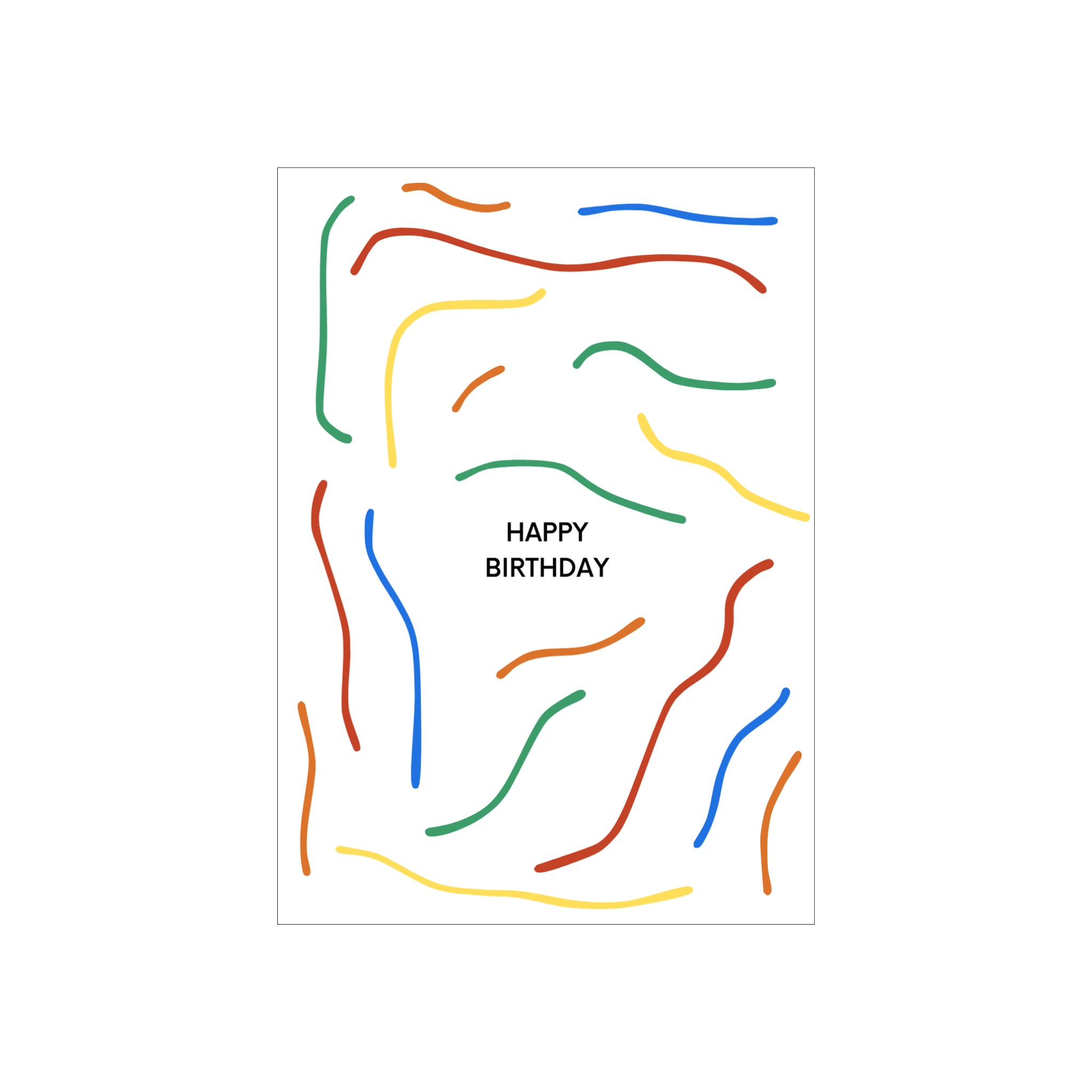 De Matriks JL Postkaart Happy Birthday Wavy Lines Dubbel van Matriks heeft een witte kaart met 'HAPPY BIRTHDAY' in zwart in het midden, omringd door golvende rode, blauwe, gele, groene en oranje lijnen-een vrolijk ontwerp voor elke gelegenheid.