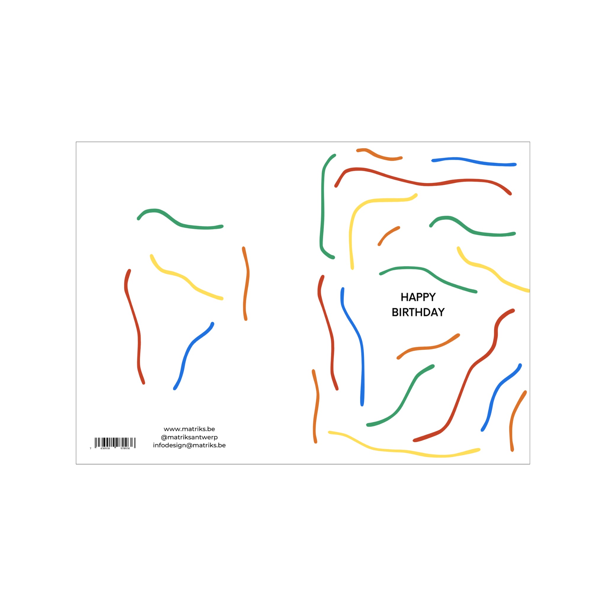 De Matriks JL Postkaart Happy Birthday Wavy Lines Dubbel van Matriks is een witte verjaardagskaart met rode, blauwe, groene en gele golvende lijnen en "HAPPY BIRTHDAY" in zwart aan de rechterkant. Kleine tekst en een barcode staan linksonder.