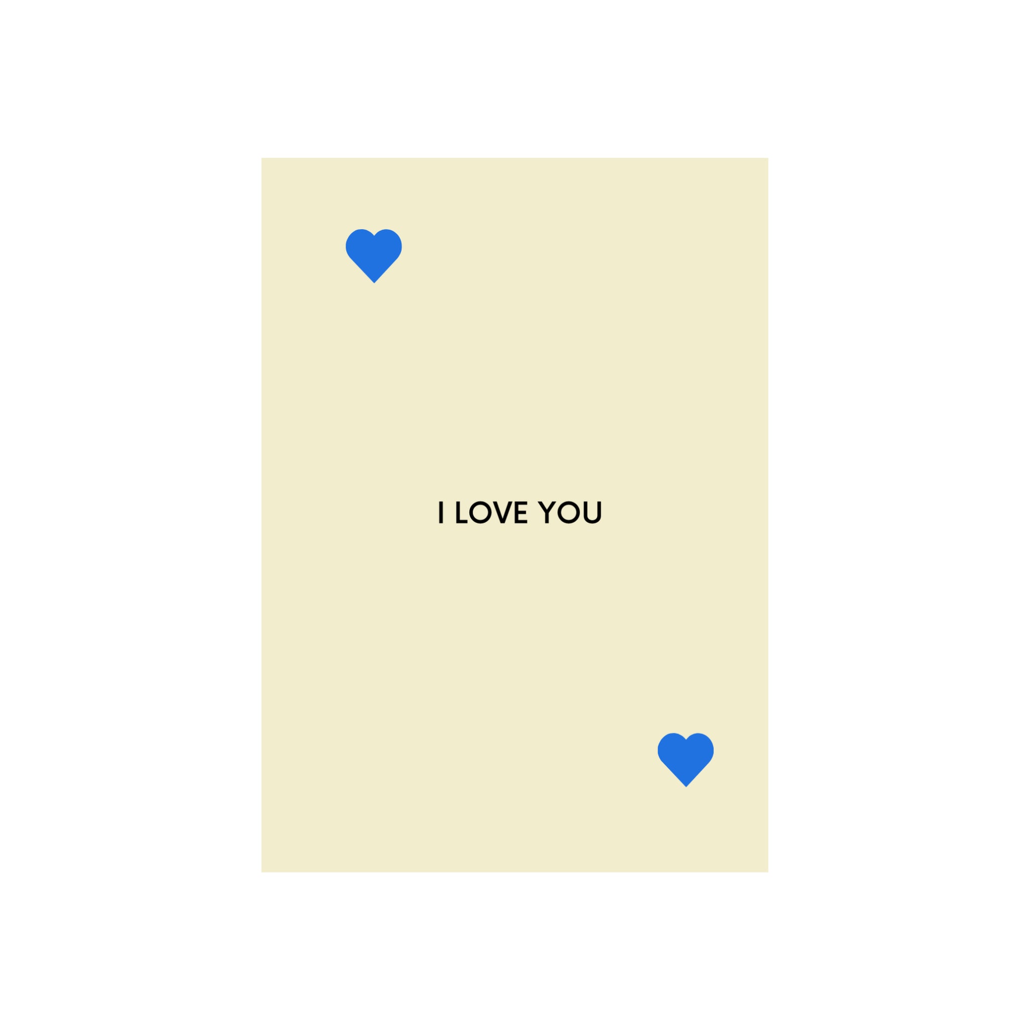 De Matriks JL Postkaart I Love You Dubbel van Matriks is een crèmekleurige kaart uit hun postkaartcollectie, met blauwe harticoontjes in twee hoeken en de woorden "I LOVE YOU" in het midden in zwart - een van hun ontroerende kaarten met teksten.