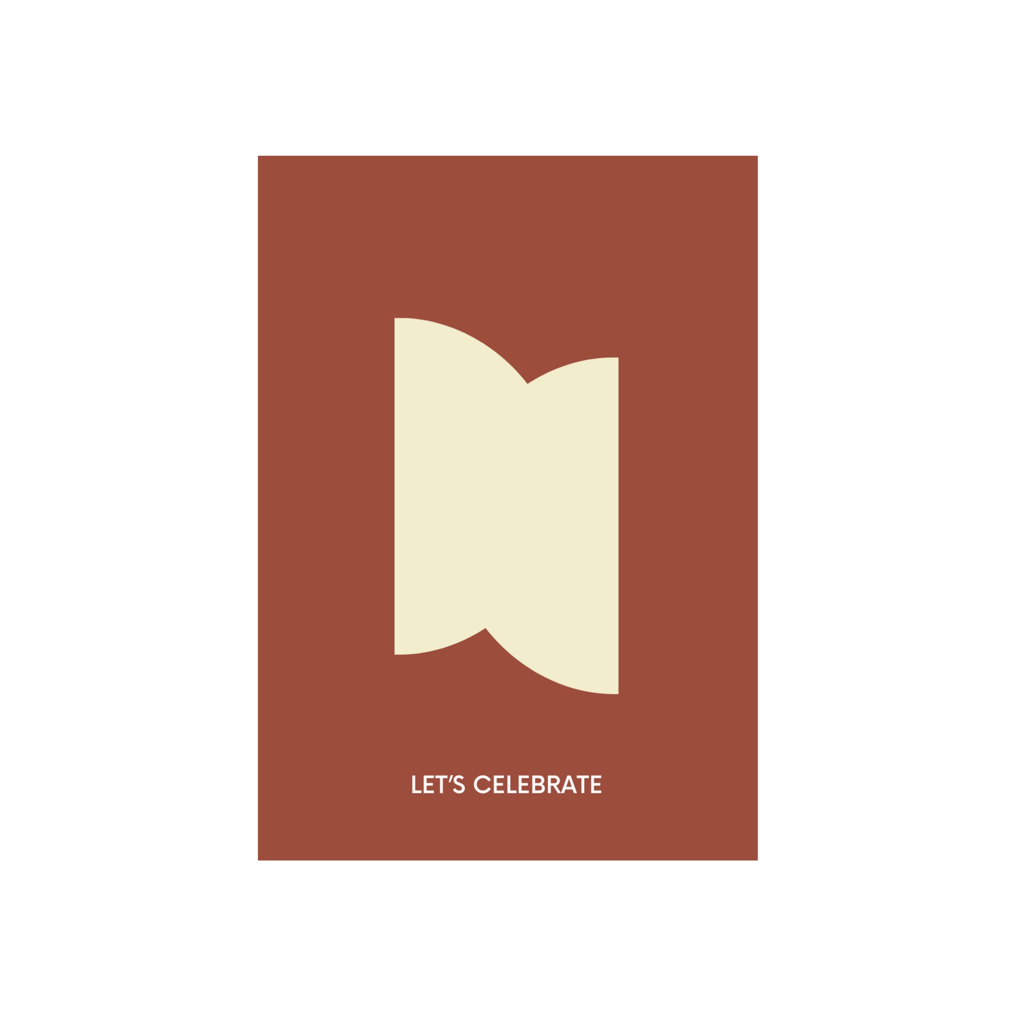 De Matriks JL Postkaart Let's Celebrate Burgundy Dubbel heeft een minimalistisch ontwerp met een bordeauxrode achtergrond, crèmekleurige abstracte vorm en "LETS CELEBRATE" in wit - perfect voor elke gelegenheid.