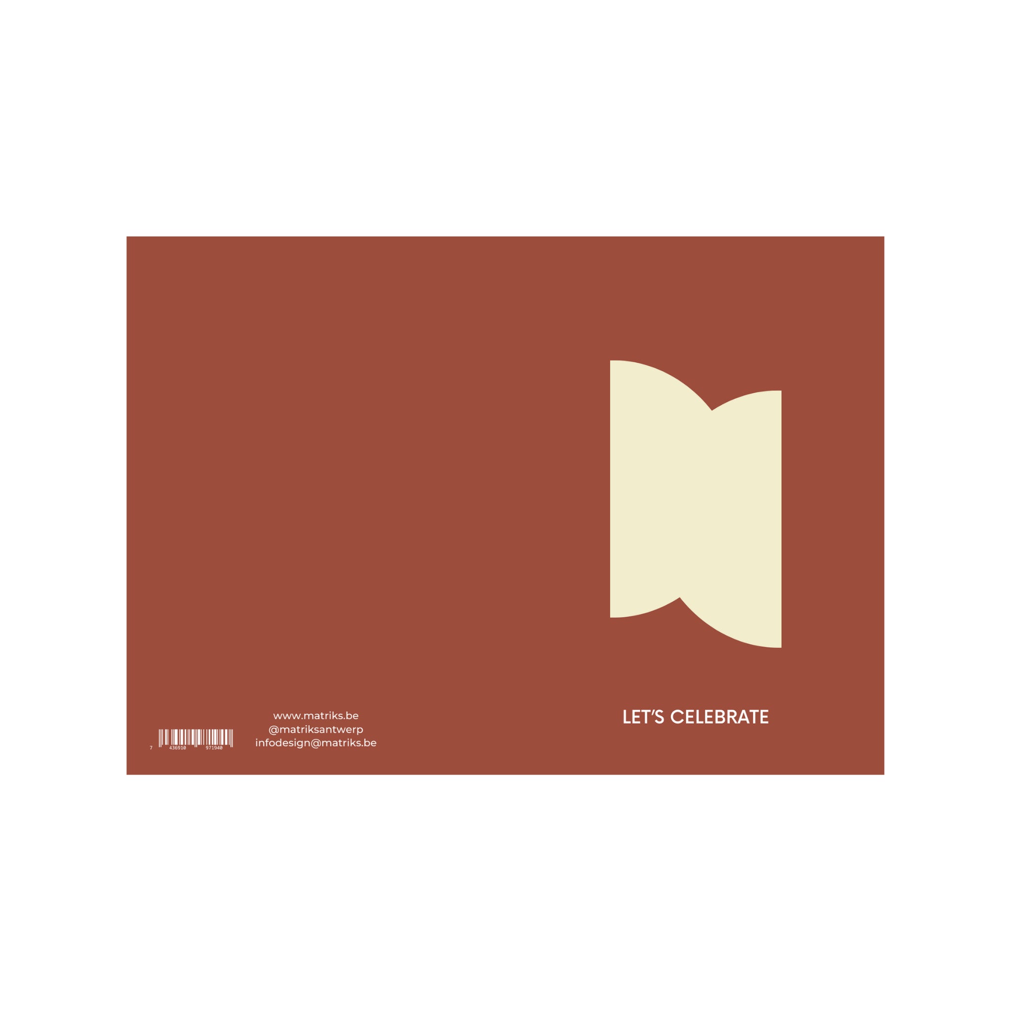 De Matriks JL Postkaart Let's Celebrate Burgundy Dubbel is een stijlvolle kaart met een crème abstracte vorm rechts en witte tekst LET'S CELEBRATE. Linksonder staan een barcode en contactinformatie. Van het merk Matriks.