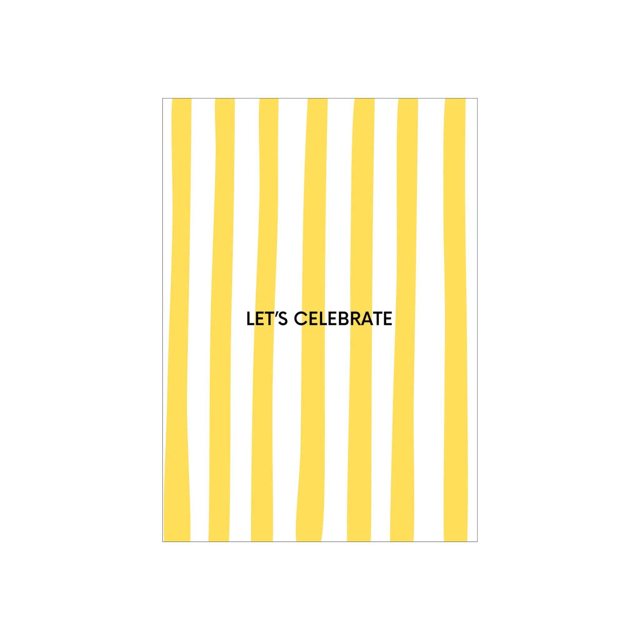 De Matriks JL Postkaart Let's Celebrate Dubbel van Matriks heeft ongelijke verticale gele en witte strepen met "LETS CELEBRATE" in dikke zwarte letters midden op de voorkant.