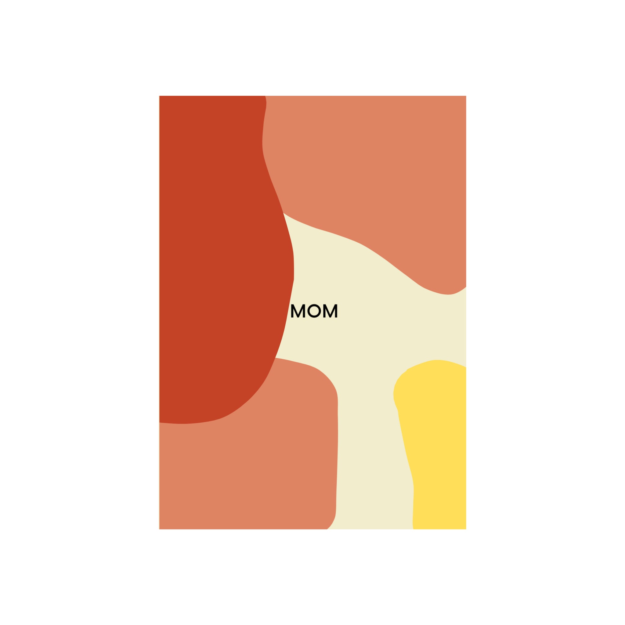 Abstracte vormen in rood, oranje, geel en crème omlijsten het woord MOM op een witte achtergrond. De Matriks JL Postkaart Mom Dubbel van Matriks is ideaal voor een postkaartcollectie of kaarten voor elke gelegenheid.
