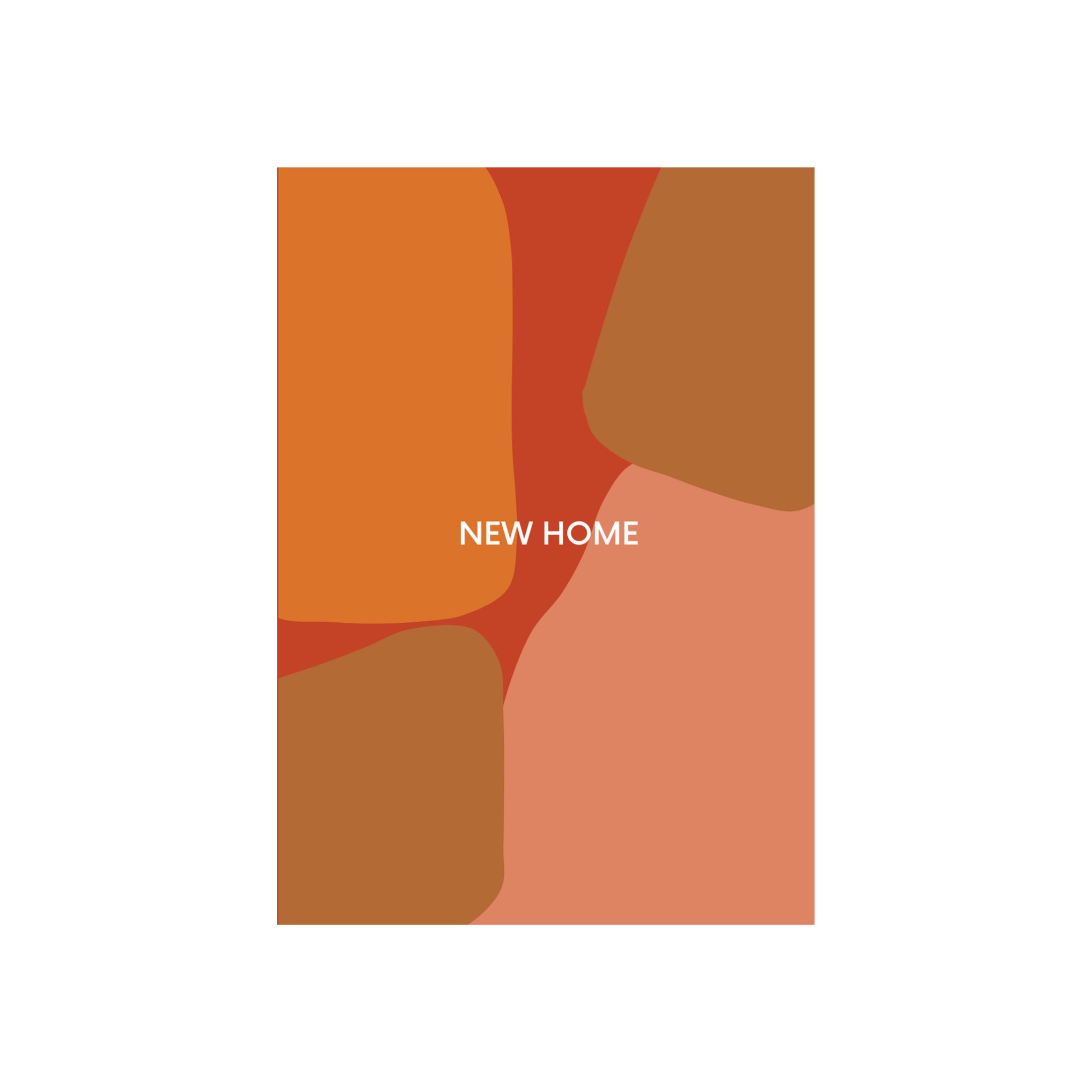 Warme abstracte vormen in oranje, roest en bruin omlijsten "NEW HOME" op een witte achtergrond. De Matriks JL Postkaart New Home Dubbel van Matriks is perfect voor grafisch ontwerp of een ansichtkaartencollectie.