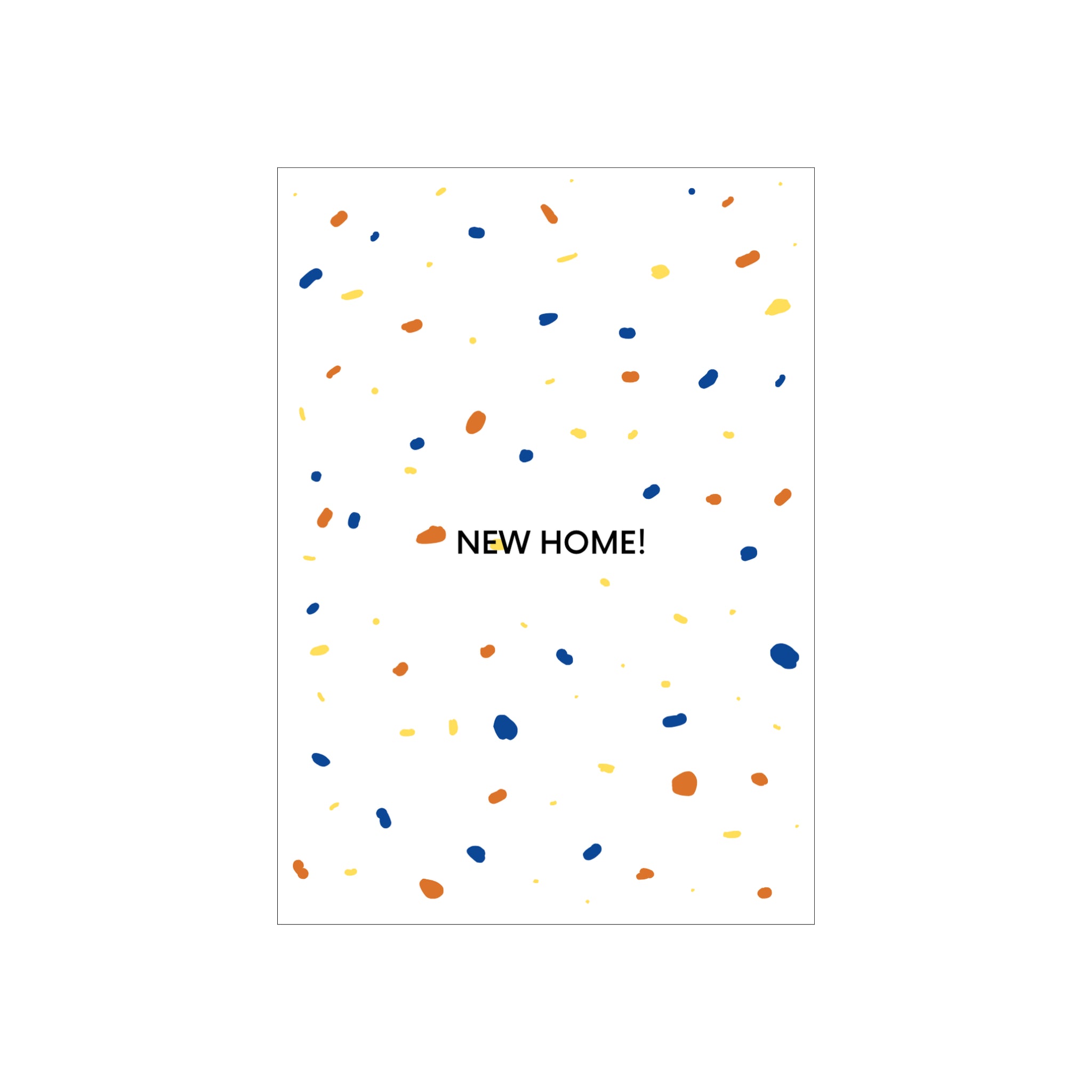 Op de Matriks JL Postkaart New Home White Dubbel van Matriks staat "NEW HOME!" in het midden, geaccentueerd met blauwe, oranje en gele confetti op een witte achtergrond.