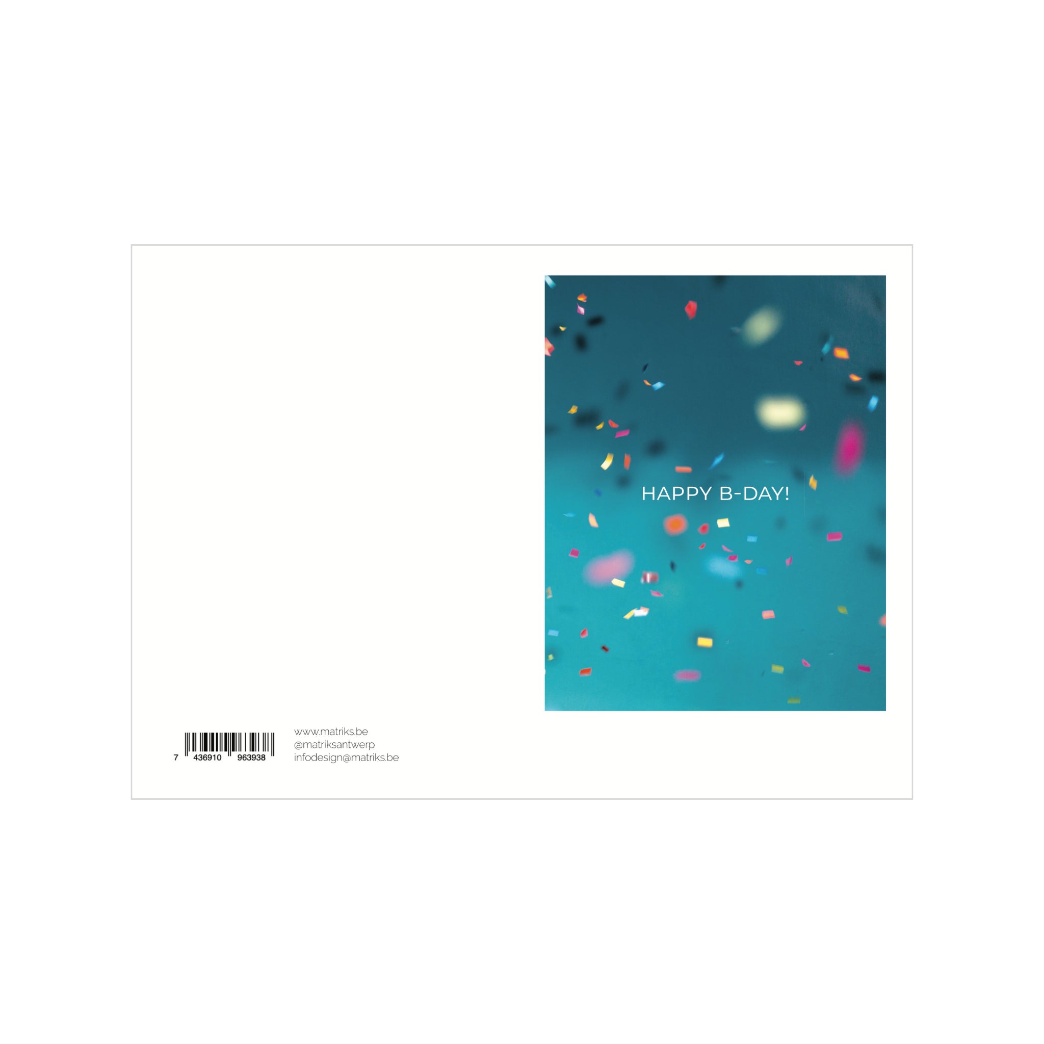 De Matriks Postkaart Polaroid Happy B-Day Confetti Dubbel A6 heeft kleurrijke confetti op een blauwe achtergrond met "HAPPY B-DAY!". Aan de linkerkant staan barcode-, website-, e-mail- en hashtaggegevens op een witte A6-indeling. Merk: Matriks.