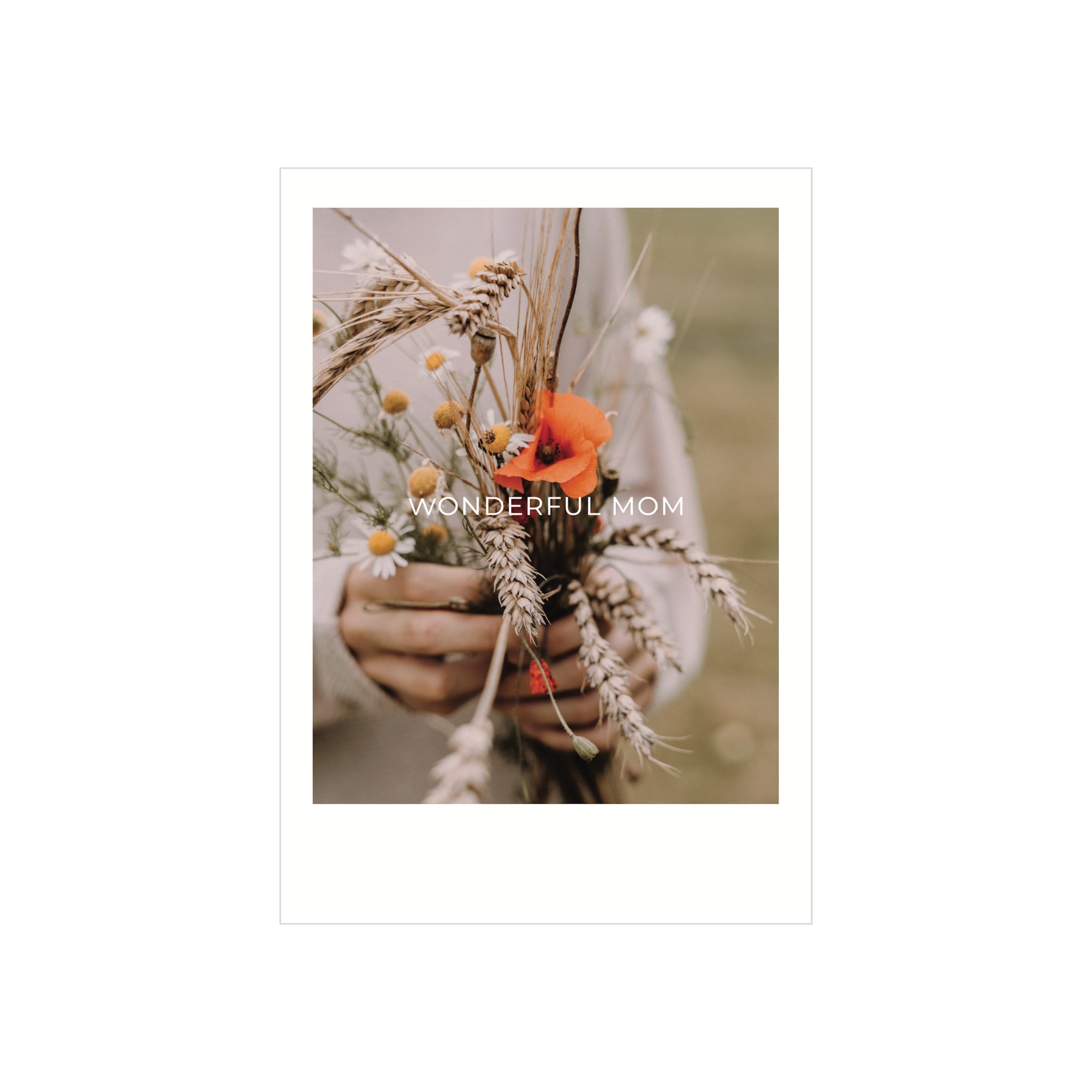 Een persoon houdt een boeket vast met madeliefjes, tarwe en een oranje klaproos. "WONDERFUL MOM" staat over de afbeelding - perfect als Matriks Postkaart Polaroid Wonderful Mom Dubbel A6 van Matriks. Ideaal voor wenskaarten in A6-formaat.