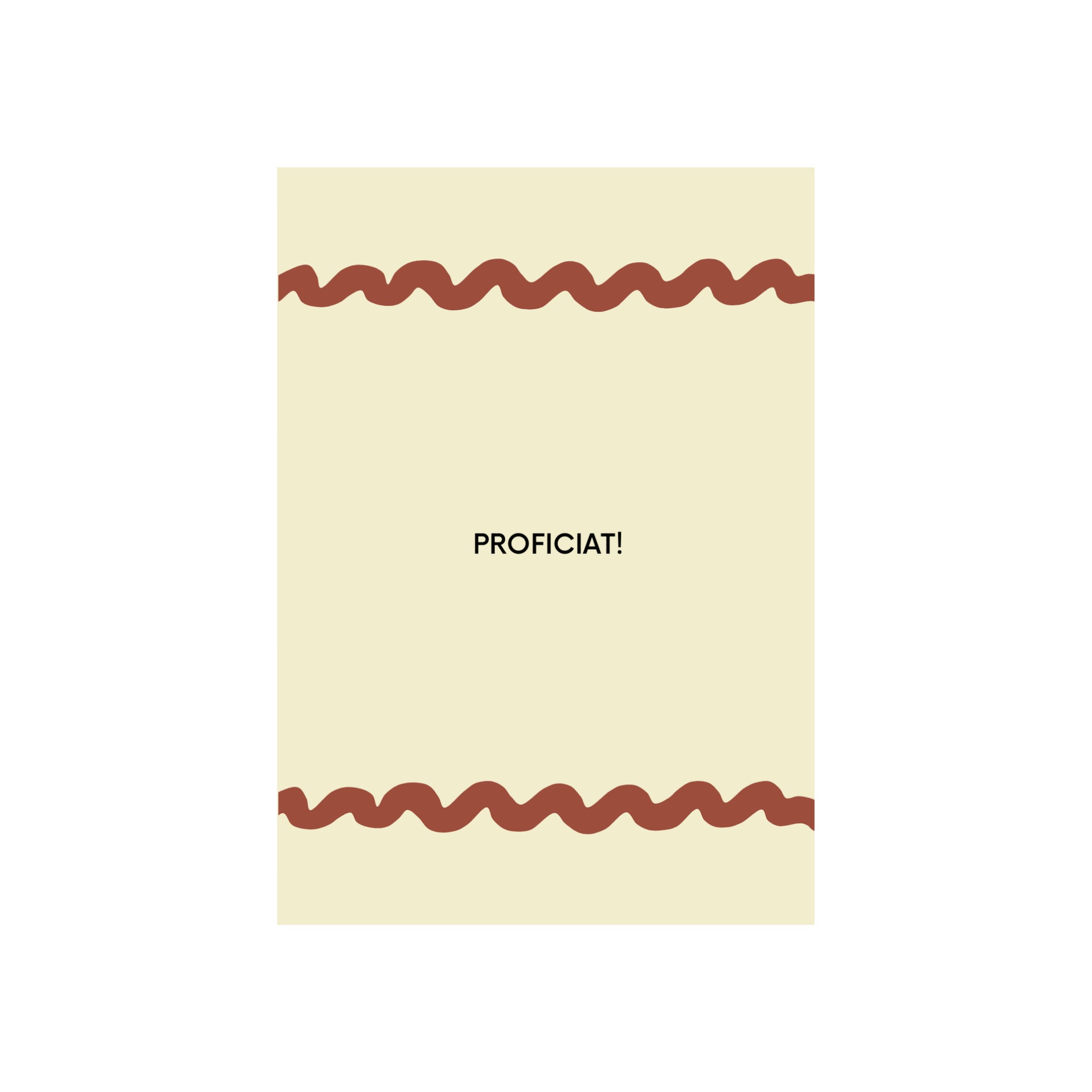 De Matriks JL Postkaart Proficiat Dubbel is een crèmekleurige kaart met golvende rode randen, geïnspireerd op de postkaartcollectie van Julie Lindekens, en heeft "PROFICIAT!" in vette zwarte letters in het midden.