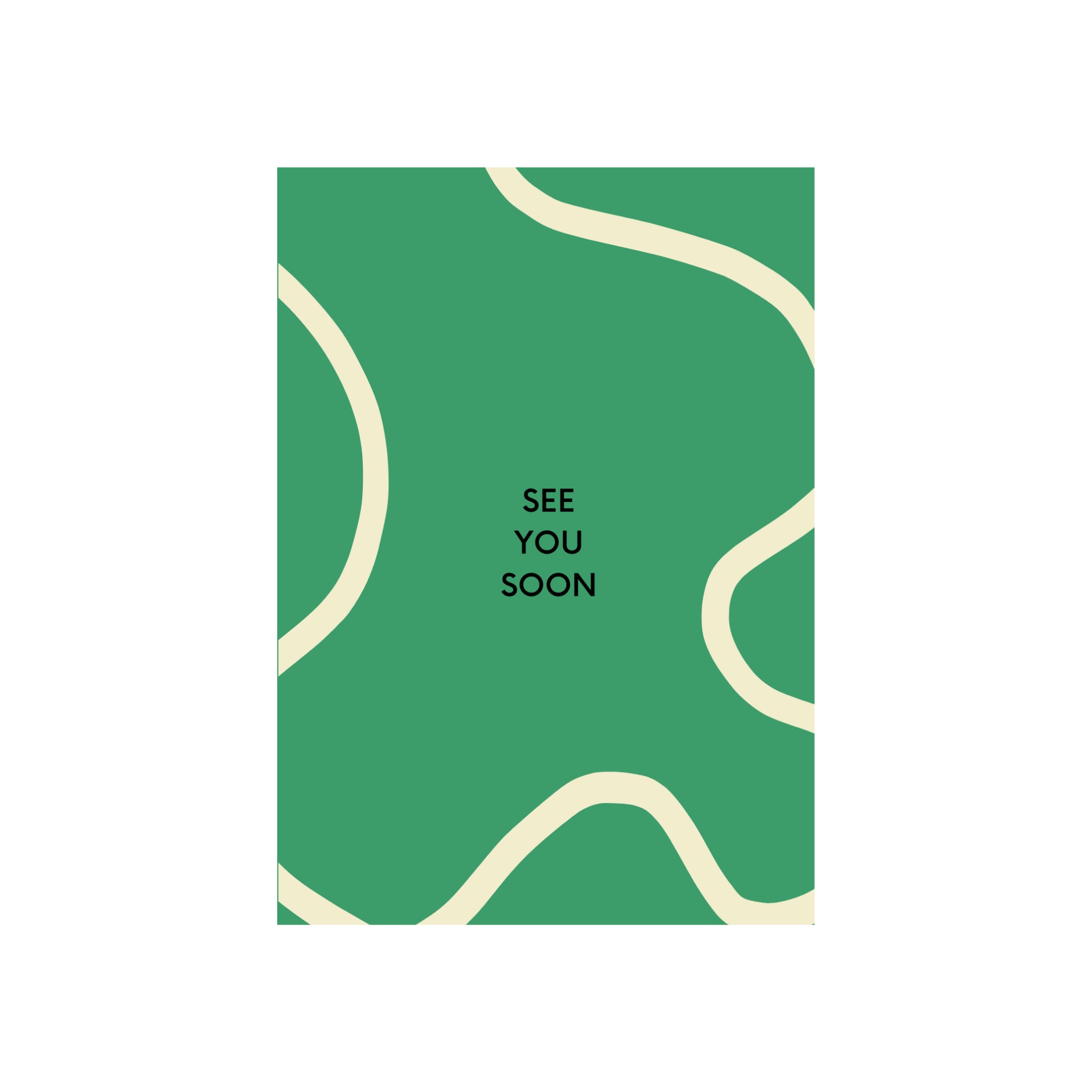 De Matriks JL Postkaart See You Soon Dubbel van Matriks heeft een groene rechthoek met crèmekleurige golvende lijnen en "SEE YOU SOON" in zwart, gecentreerd op wit - een must-have voor fans van minimale grafische vormgeving of een postkaartcollectie.