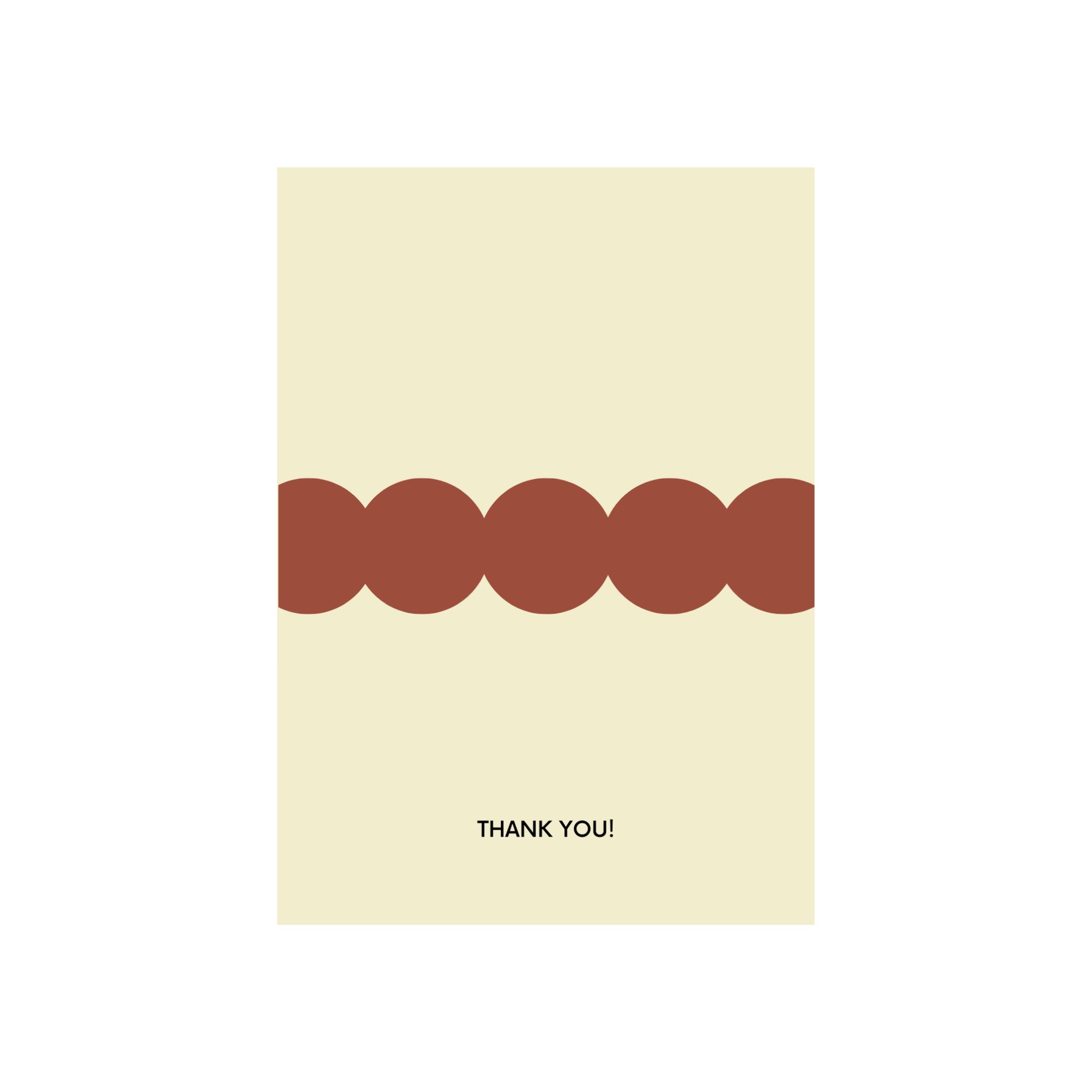 De Matriks JL Postkaart Thank You Ecru Dubbel van Matriks heeft een crèmekleurige achtergrond, een horizontale rij bruine cirkels en "THANK YOU!" eronder - perfect voor fans van minimalistische grafische kaarten.