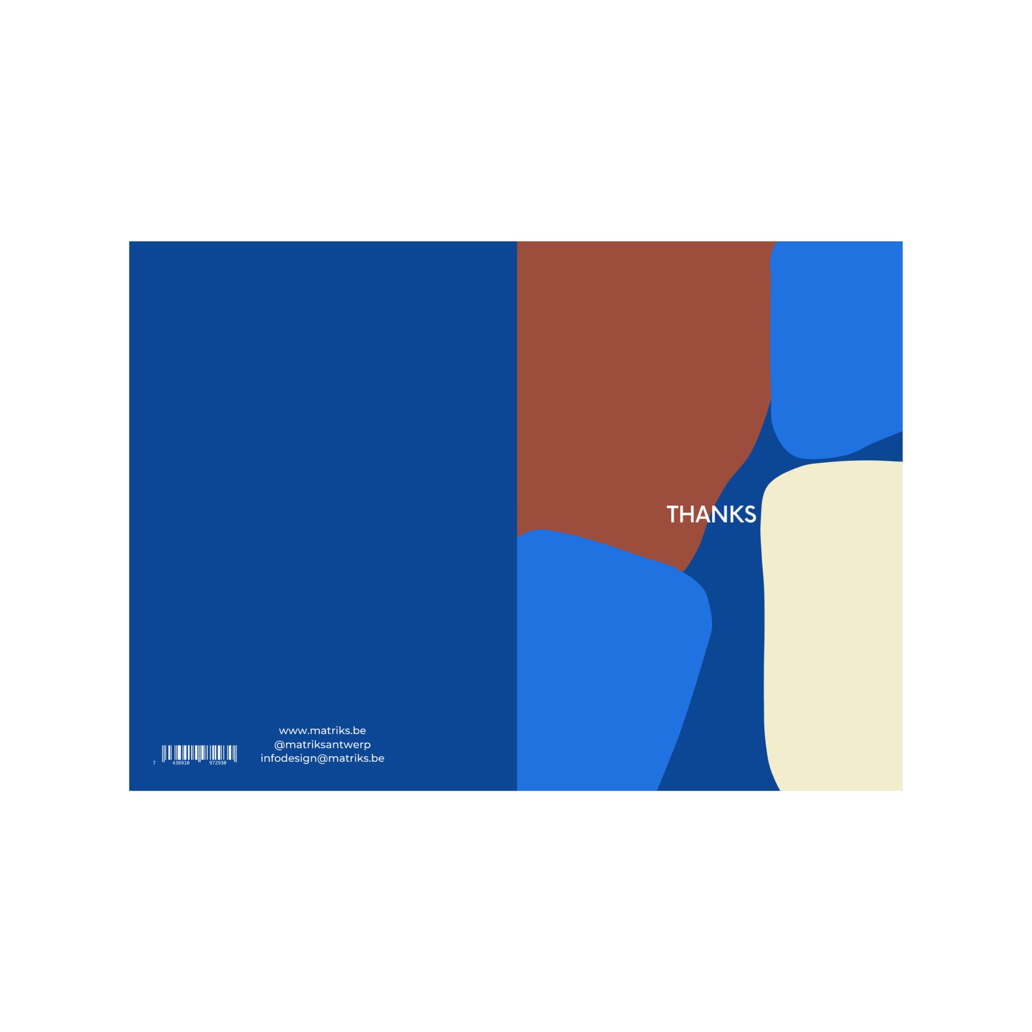 Een boekomslag voor Matriks JL Postkaart Bedankt Dubbel van Matriks toont abstracte blauwe, bruine en crèmekleurige vormen. Rechts staat in het wit "BEDANKT". Linksonder staat een barcode, een website en een vermelding van de postkaartcollectie van Julie Lindekens.