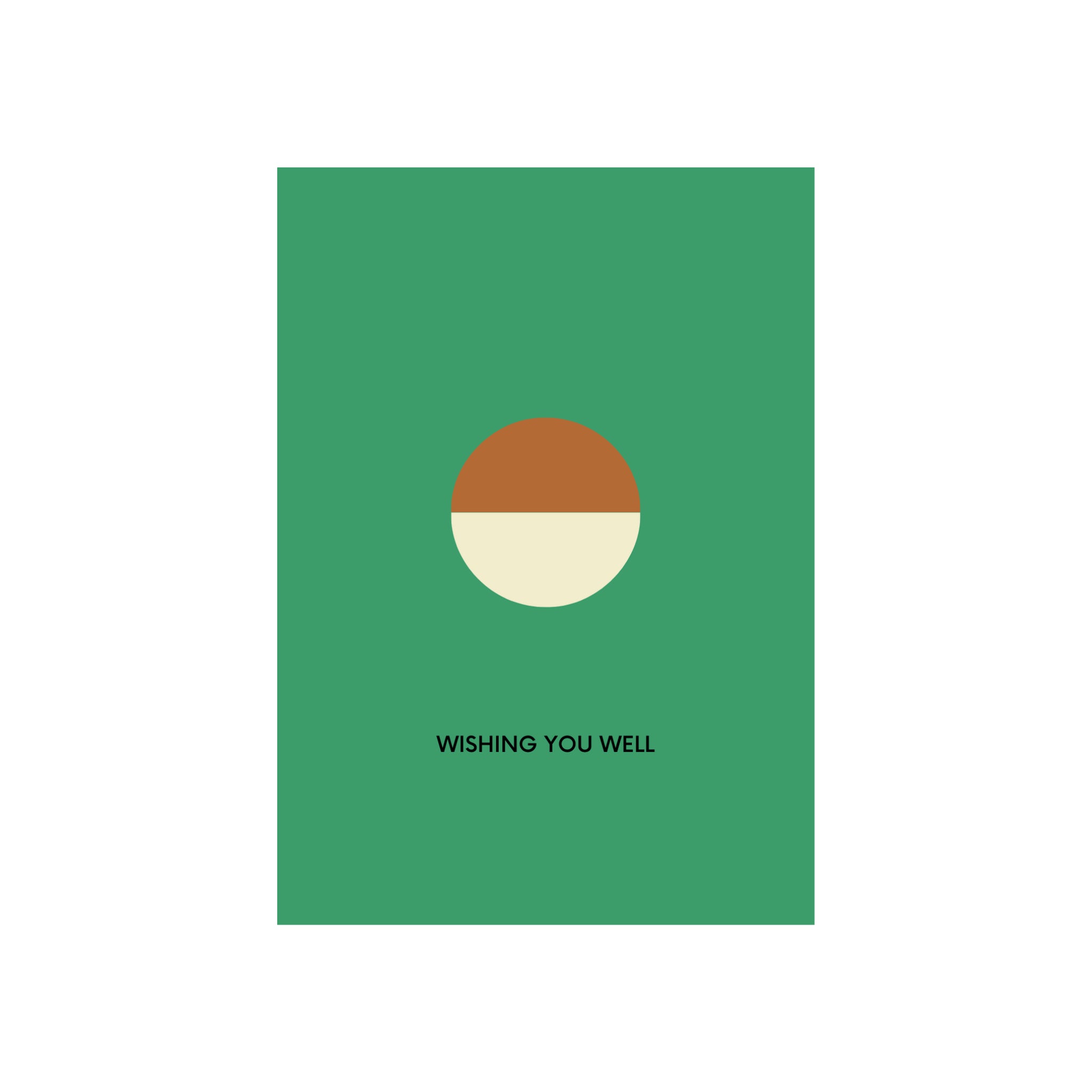 De Matriks JL Postkaart Wishing You Well Dubbel van Matriks heeft een eenvoudig groen ontwerp met een bruin en crème gedeelde cirkel en "WISHING YOU WELL" in zwart. Ideaal uit de Julie Lindekens collectie voor liefhebbers van kleurrijke kaarten.