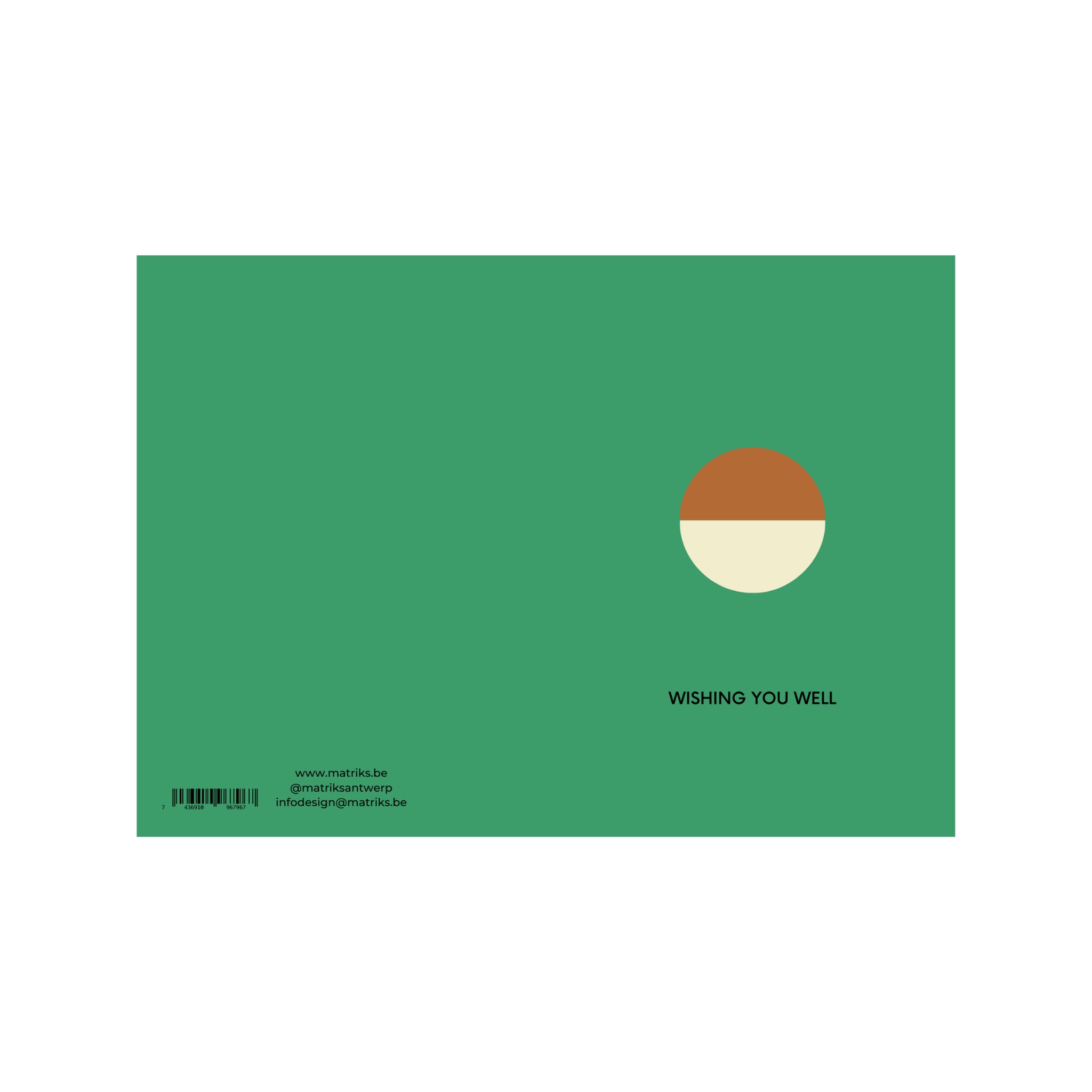 De Matriks JL Postkaart Wishing You Well Dubbel van Matriks is een groene kaart met een bruin en crème halfcirkelvormig plaatje aan de rechterkant en "WISHING YOU WELL" eronder. Linksonder staat de website en de contactgegevens van Julie Lindekens.