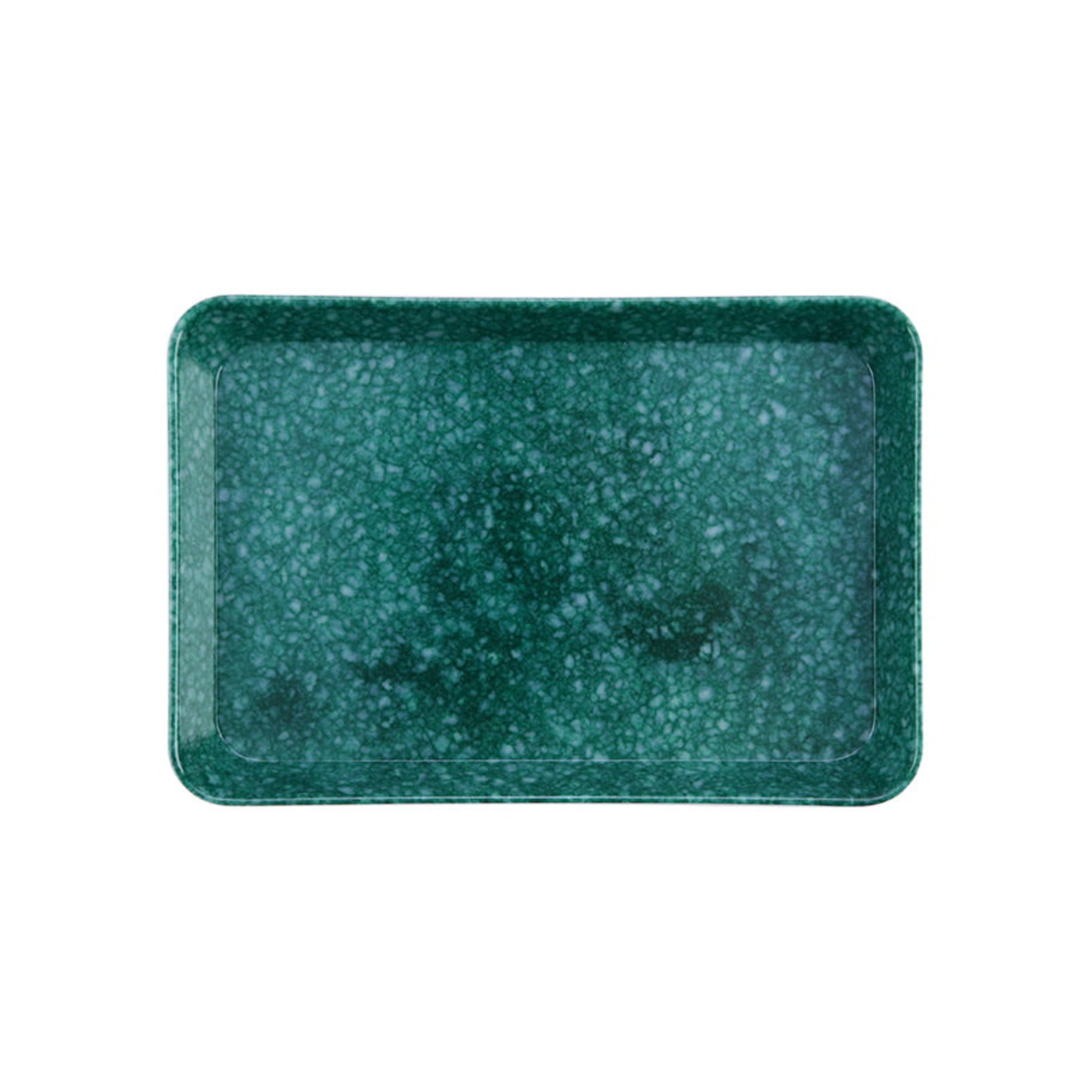 De Melamine gemarmerde Dienblad Donkergroen 23/16 van Melamine Marbled heeft een rechthoekig donkergroen gemarmerd ontwerp met gespikkelde textuur en opstaande randen, ideaal als een stijlvolle kantoor organizer, afgebeeld op een witte achtergrond.