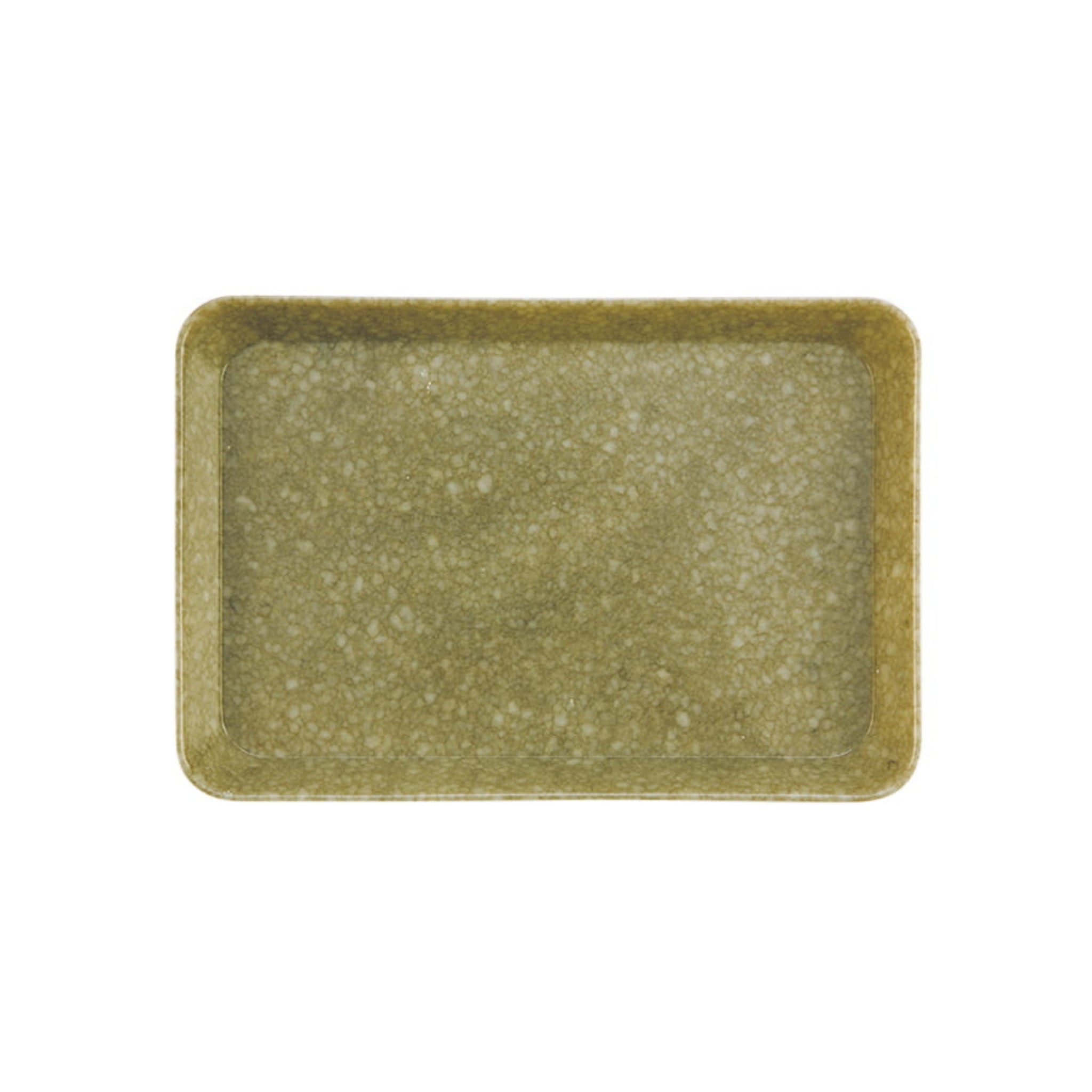 Het Melamine Marbled Dienblad Mosterd 23/16 van Melamine Marbled is een rechthoekig dienblad met licht opstaande randen en een uniek gemarmerd mosterdglazuur, ideaal als stijlvolle kantoorhouder of dienblad, afgebeeld op een witte achtergrond.