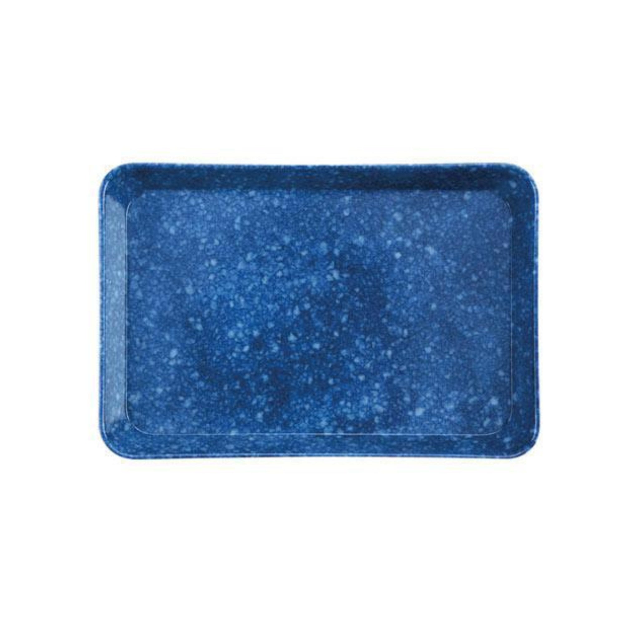 Het Melamine Marbled Dienblad Navy 23/16 van Melamine Marbled is een rechthoekig navy melamine dienblad met afgeronde hoeken en een gemarmerd patroon, weergegeven op een effen witte achtergrond.