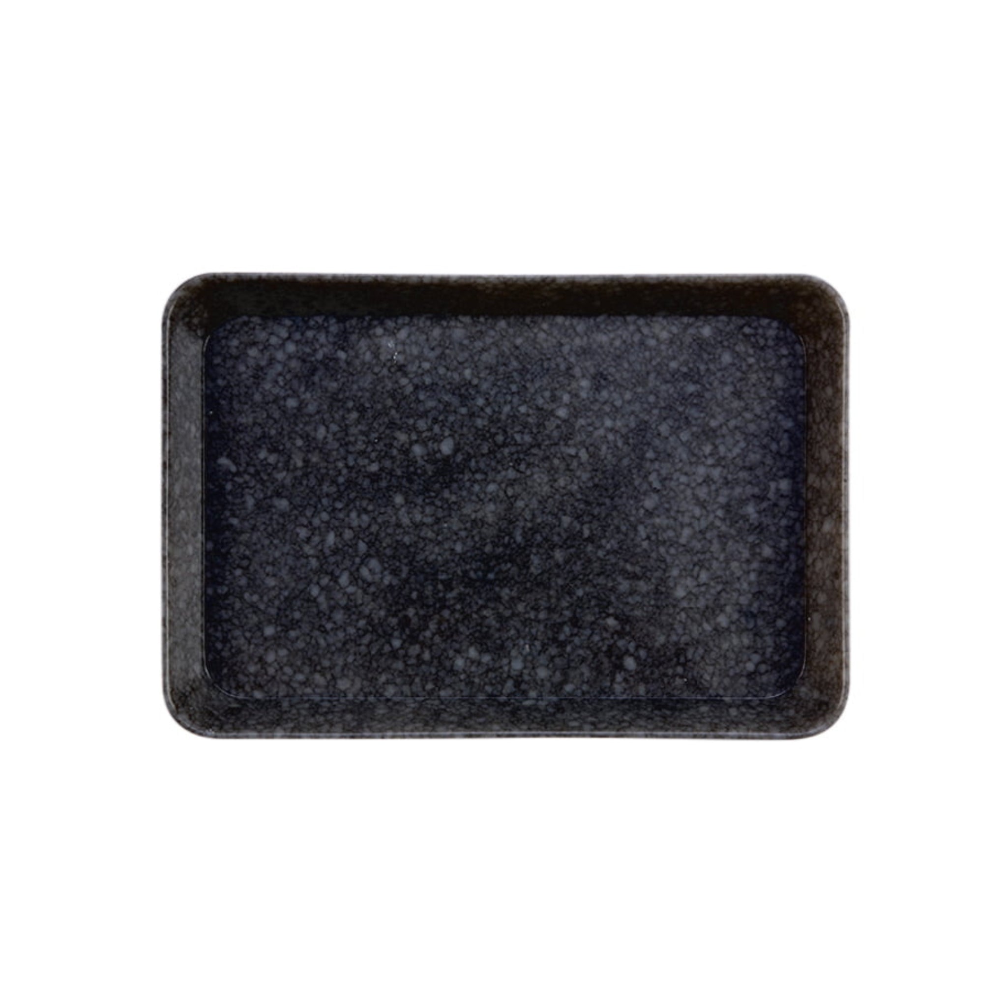 Het Melamine Marbled Dienblad Zwart 23/16 van Melamine Marbled, een rechthoekig dienblad van zwart melamine met een gemarmerd, gestructureerd oppervlak, wordt van bovenaf getoond op een effen witte achtergrond.