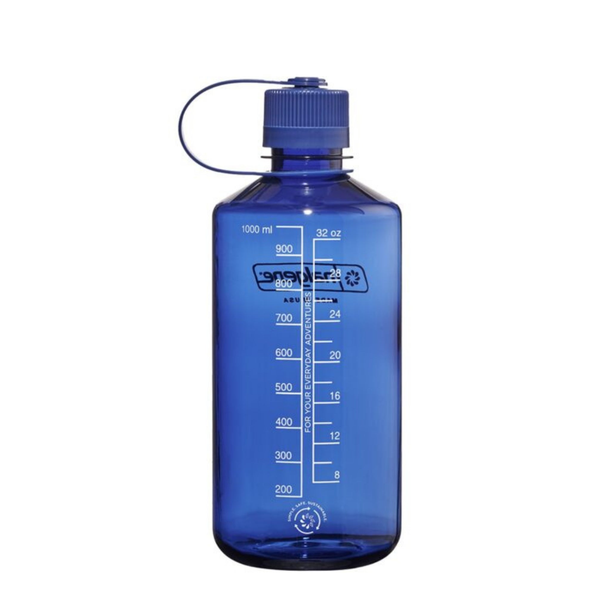 De Nalgene Drinkfles Smalle Opening Denim 1L is een blauwe BPA-vrije Tritan Renew fles met schroefdop en maataanduiding (ml/oz), 1000 ml (32 oz) inhoud, van Nalgene.