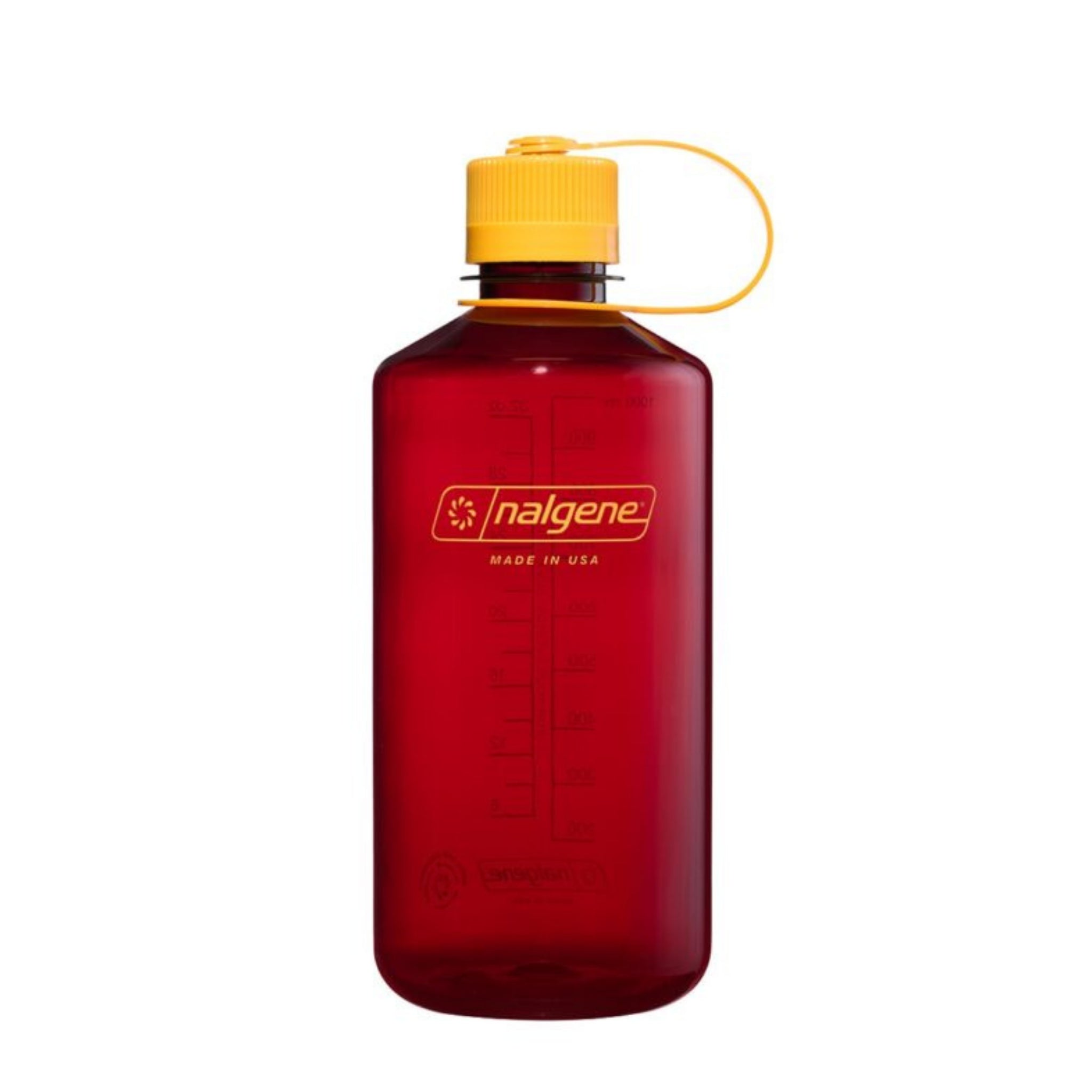 De Nalgene Drinkfles Smalle Opening Laker 1L is een rode, BPA-vrije Tritan Renew fles met een gele schroefdop en bandje, voorzien van maataanduiding en het Nalgene logo op de voorkant, getoond tegen een witte achtergrond.