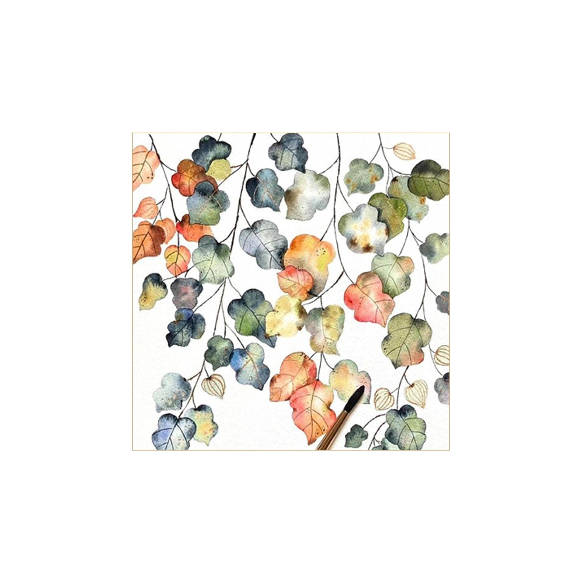 Aquarelkunst van tere takken met veelkleurige, doorschijnende bladeren in herfstkleuren op wit, waardoor een lichte look ontstaat - perfect voor PPD Papieren Servetten Bright Fall 33/33 gemaakt van FSC-papier.