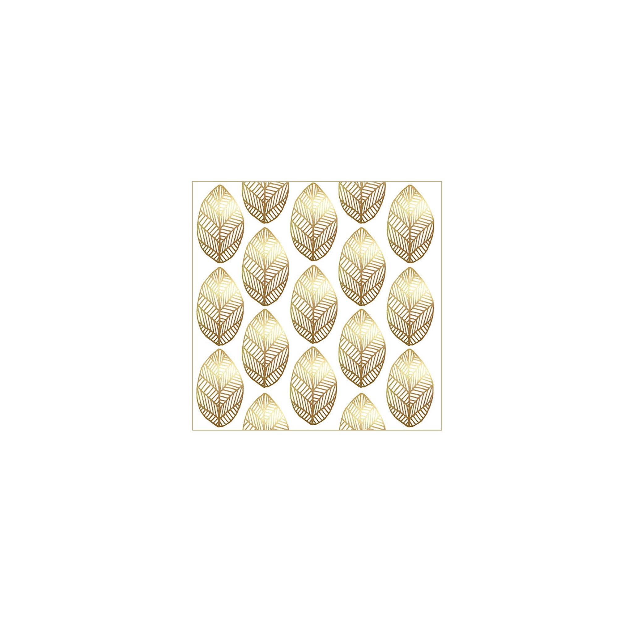 De PPD Papieren Servetten Golden Leaves 25/25 hebben een bladgoud en geometrisch patroon op wit, zijn 25×25 cm groot, zijn gemaakt van 3-laags FSC-papier en liggen netjes in een raster.